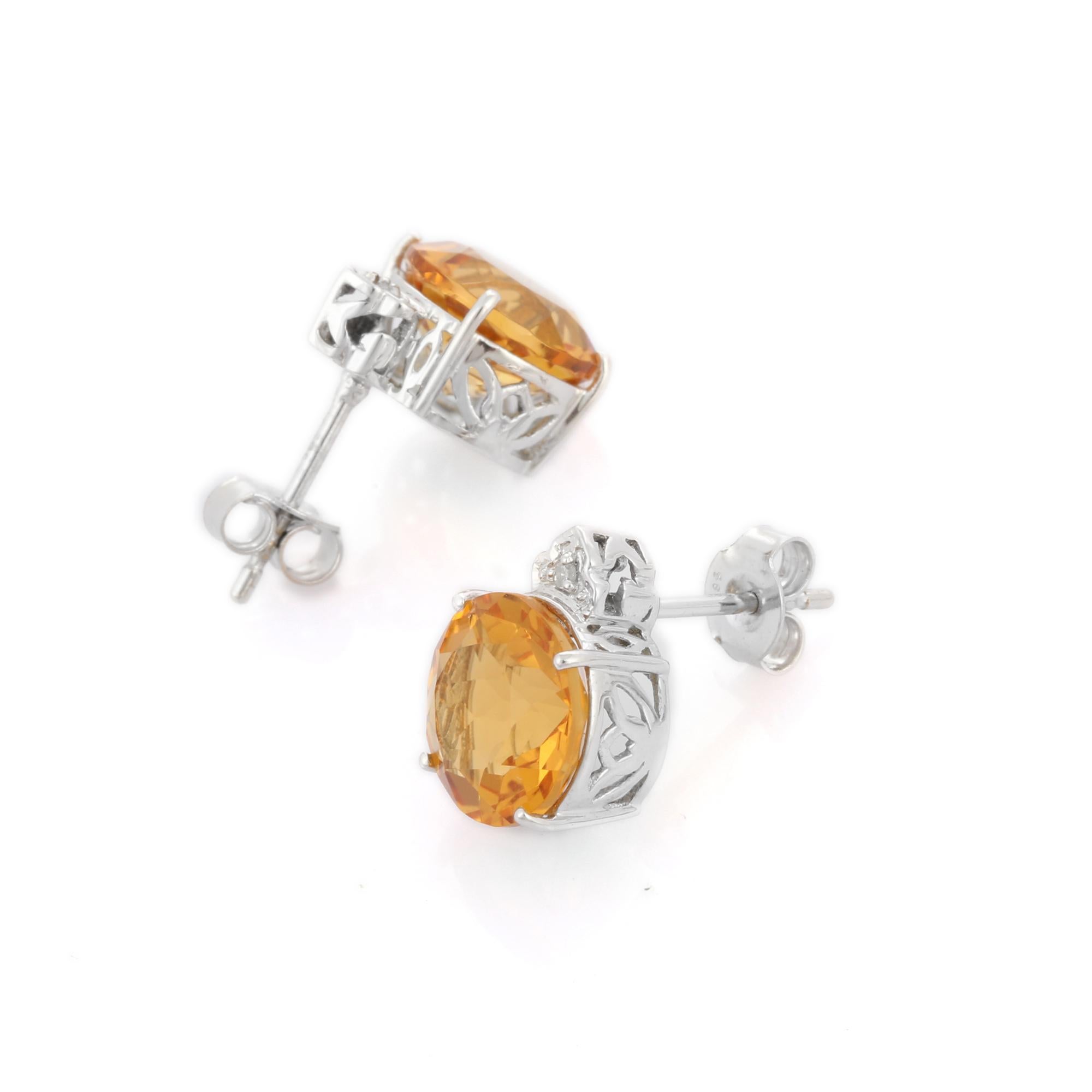 Art Deco Diamond Crowned Citrine Gemstone Stud Earrings in 14K White Gold For Sale