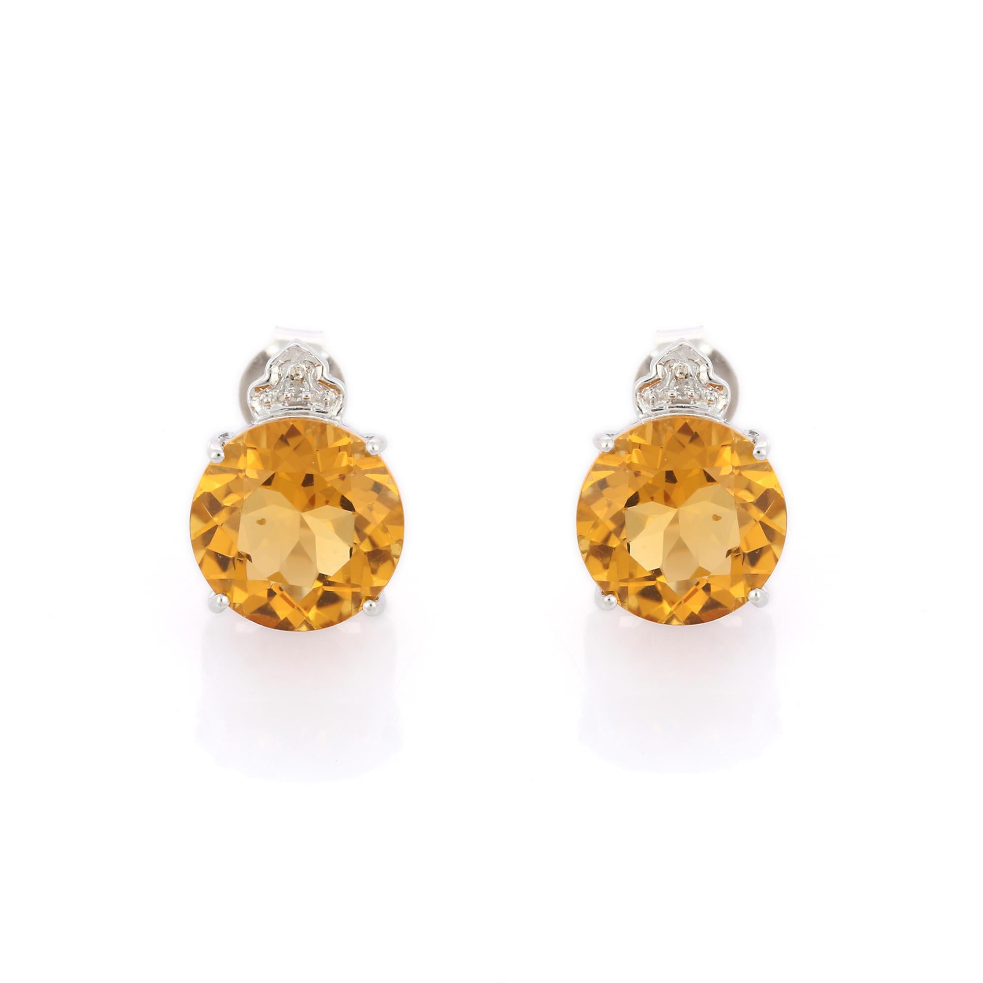 Round Cut Diamond Crowned Citrine Gemstone Stud Earrings in 14K White Gold For Sale