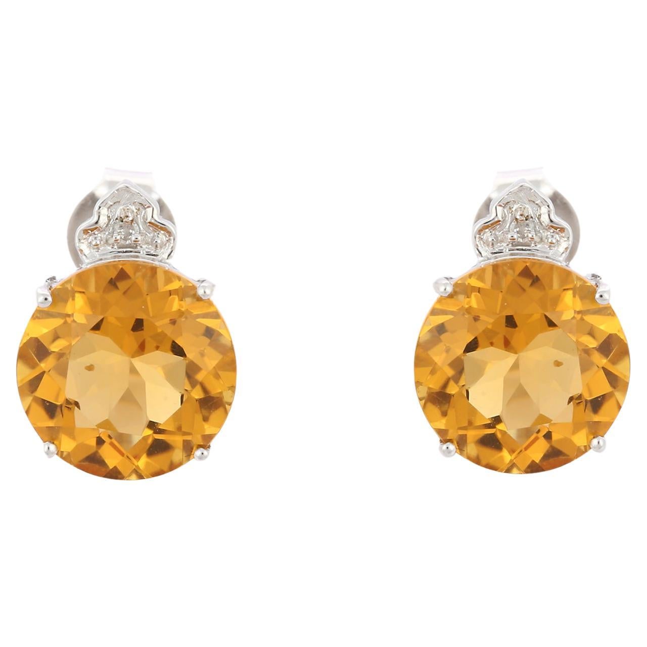 Diamond Crowned Citrine Gemstone Stud Earrings in 14K White Gold