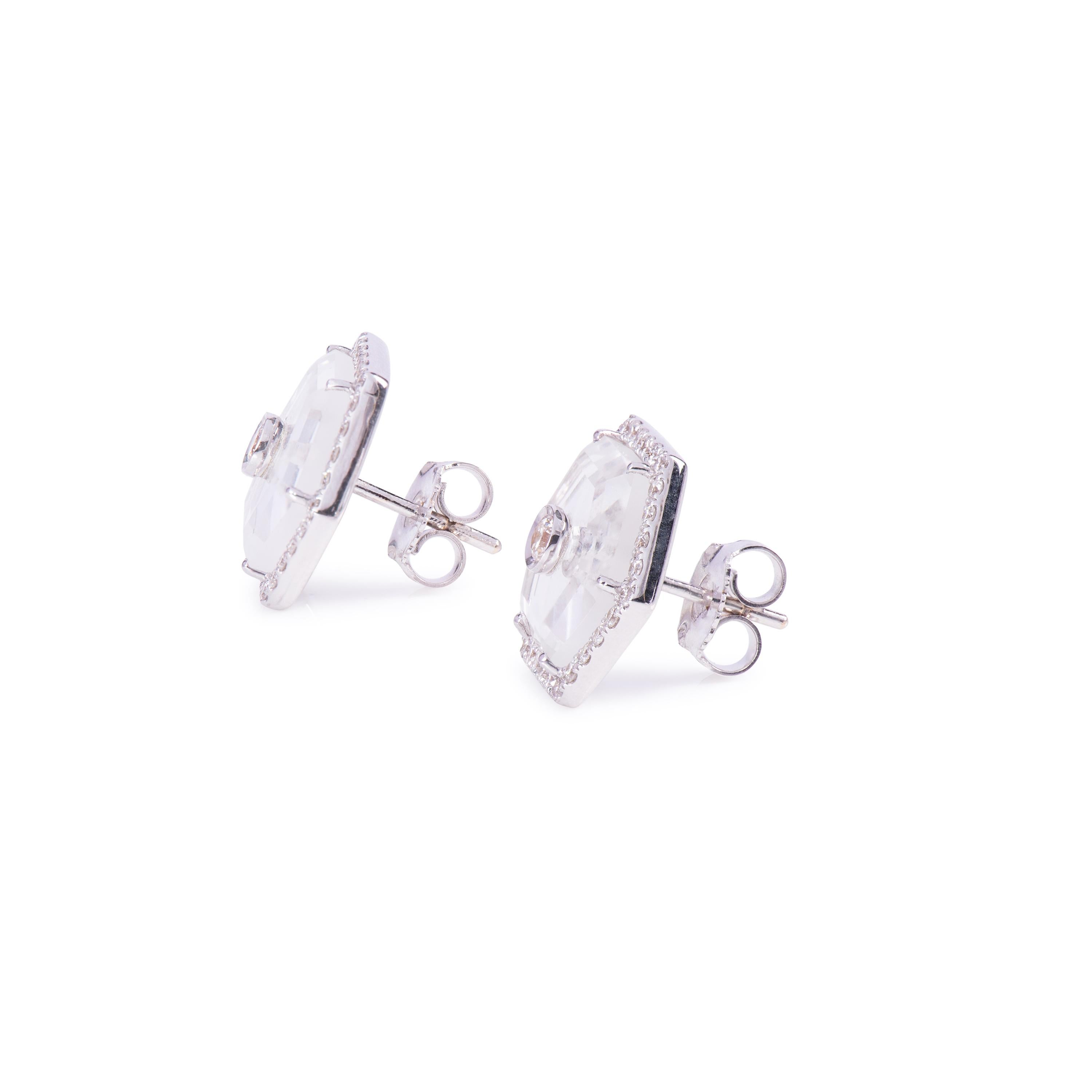 Diamond Crystal Octagonal Eartops In New Condition For Sale In New York, NY