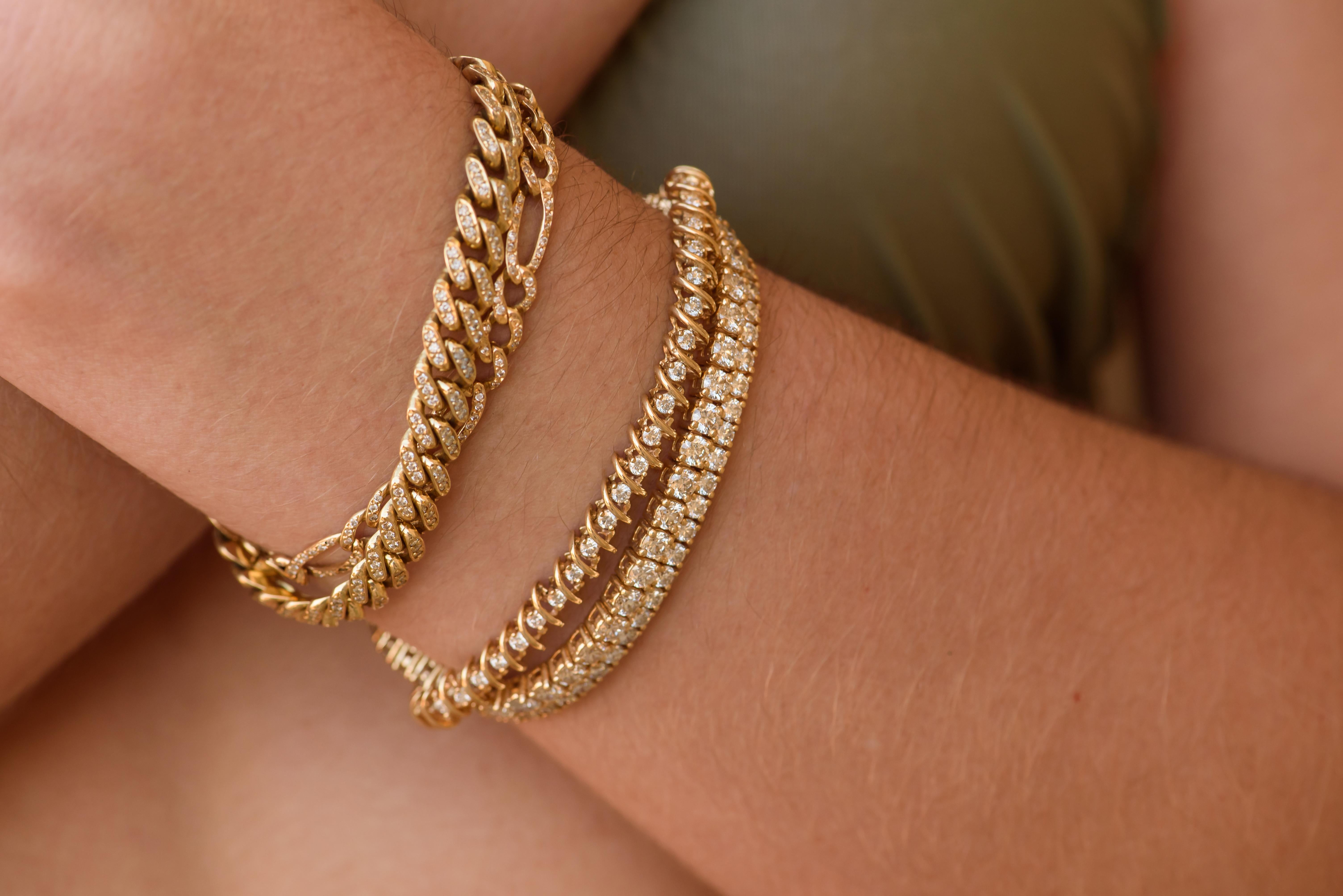 Women's or Men's Diamond Cuban Link Bracelet, Yellow Gold For Sale