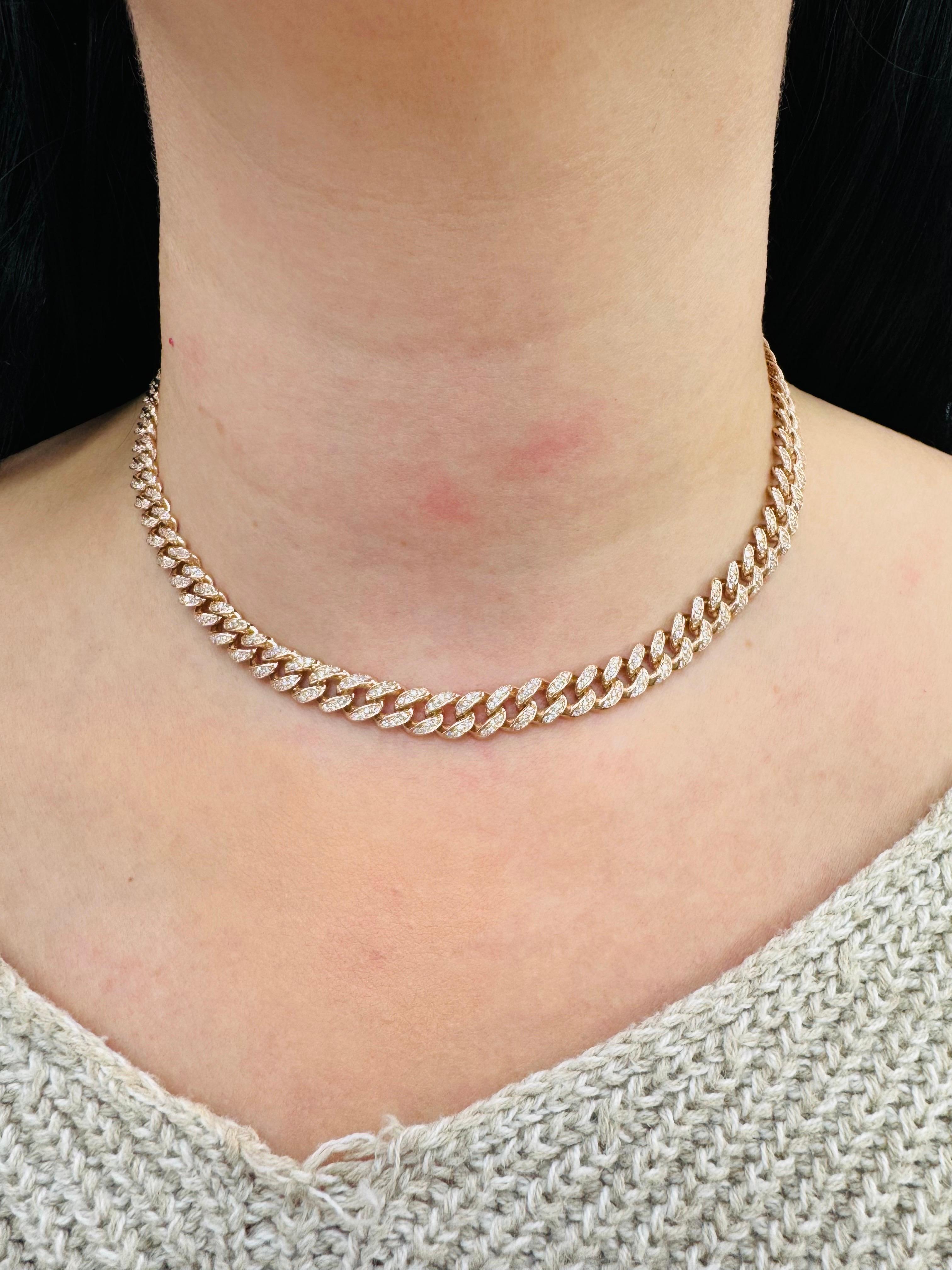 Women's Diamond Cuban Link Choker Necklace Adjustable 1.88 Carats 14 Karat Rose Gold For Sale
