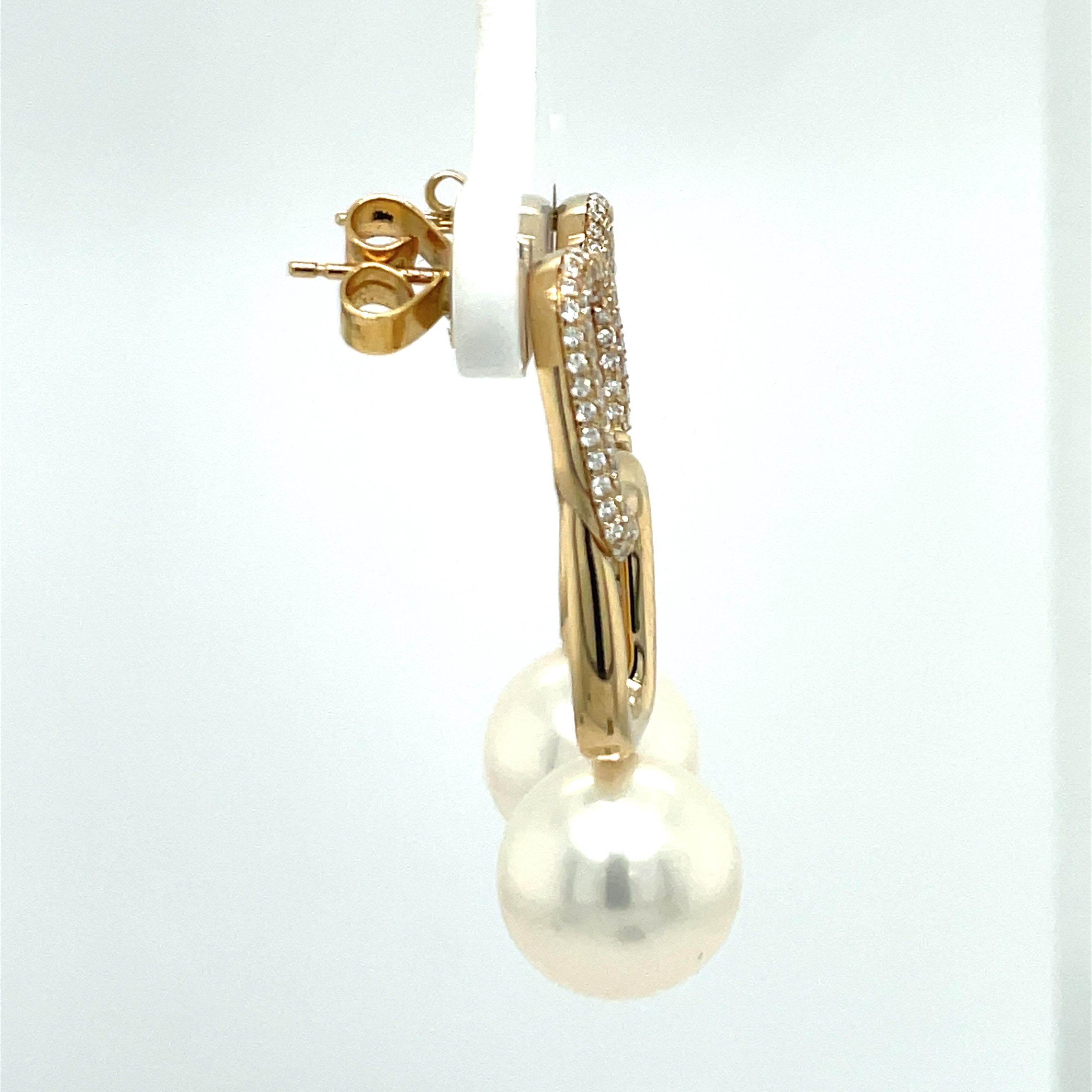 Diamond Cuban Link Drop Freshwater Pearl Earrings 0.46 Carats 14K Gold For Sale 5