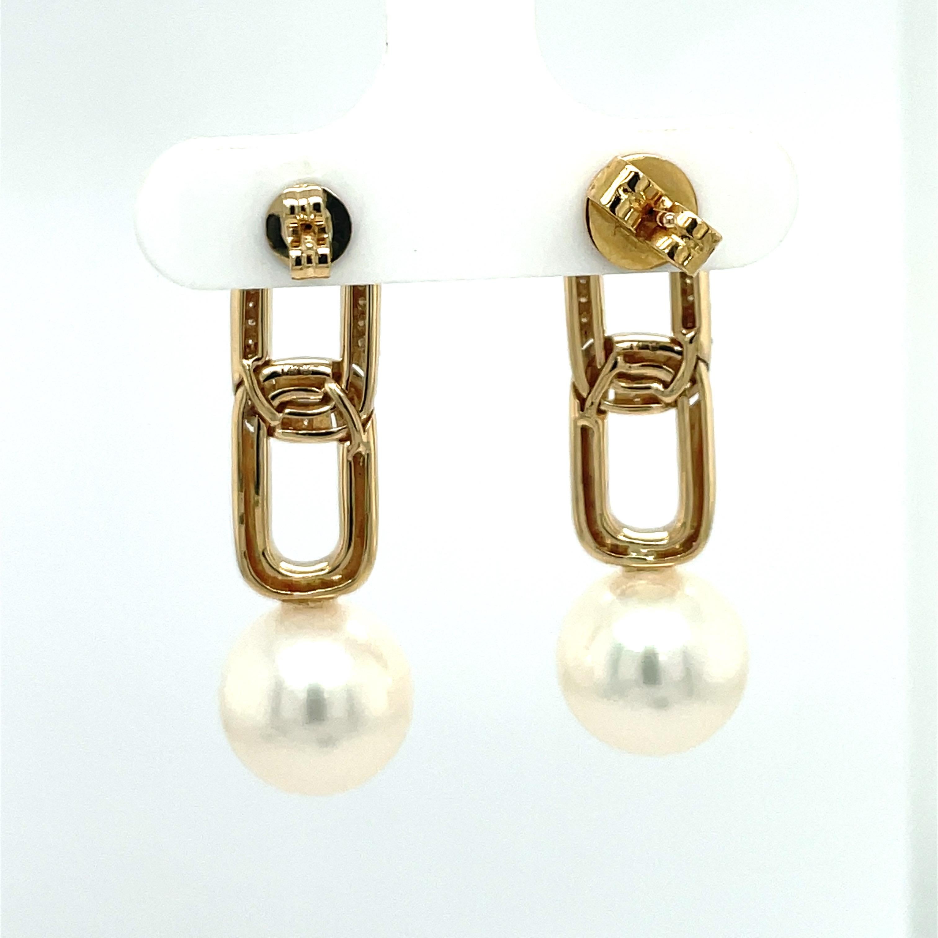 Diamond Cuban Link Drop Freshwater Pearl Earrings 0.46 Carats 14K Gold For Sale 6