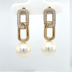 Diamond Cuban Link Drop Freshwater Pearl Earrings 0.46 Carats 14K Gold