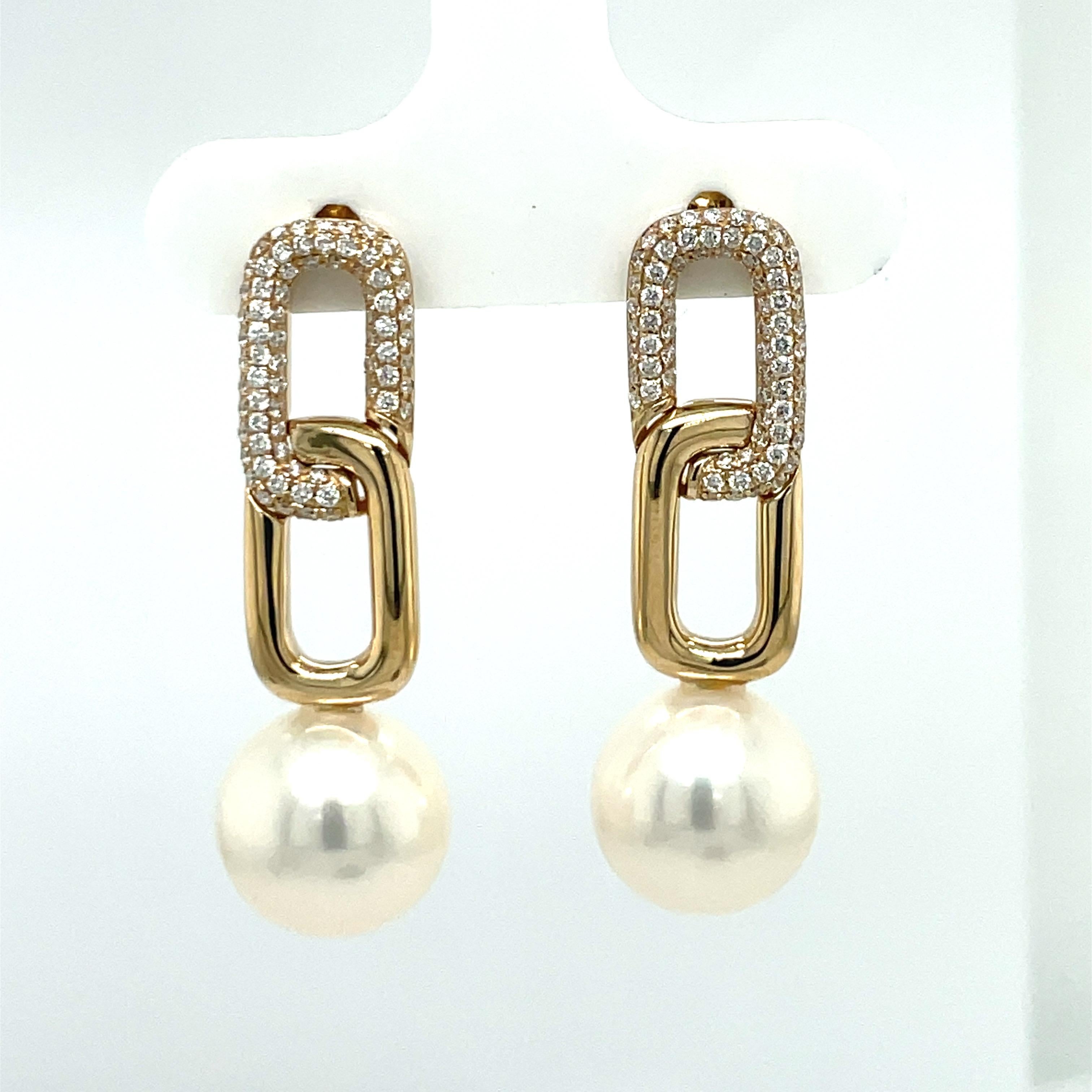 Contemporary Diamond Cuban Link Drop Freshwater Pearl Earrings 0.46 Carats 14K Gold For Sale