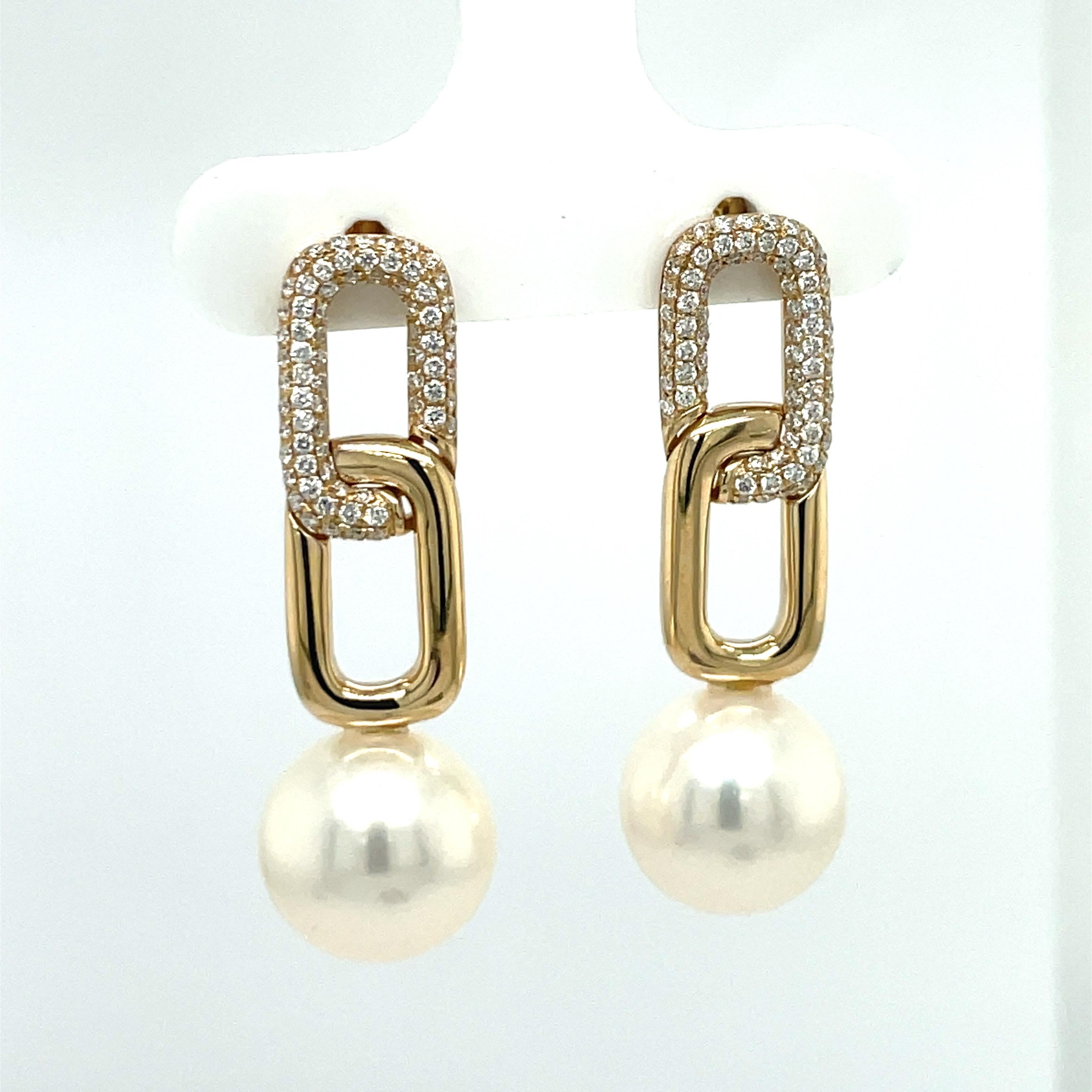Diamond Cuban Link Drop Freshwater Pearl Earrings 0.46 Carats 14K Gold In New Condition For Sale In New York, NY
