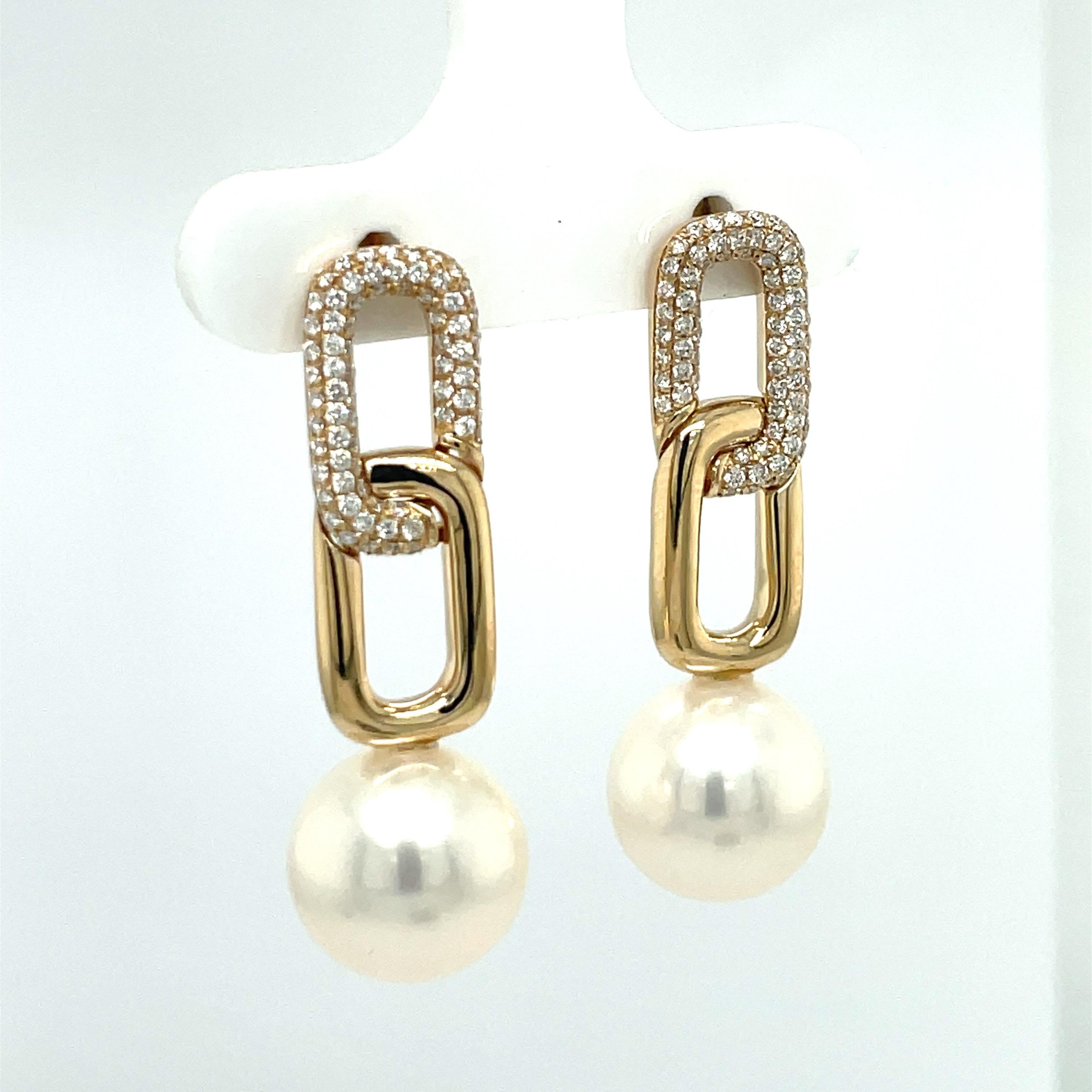 Diamond Cuban Link Drop Freshwater Pearl Earrings 0.46 Carats 14K Gold For Sale 1