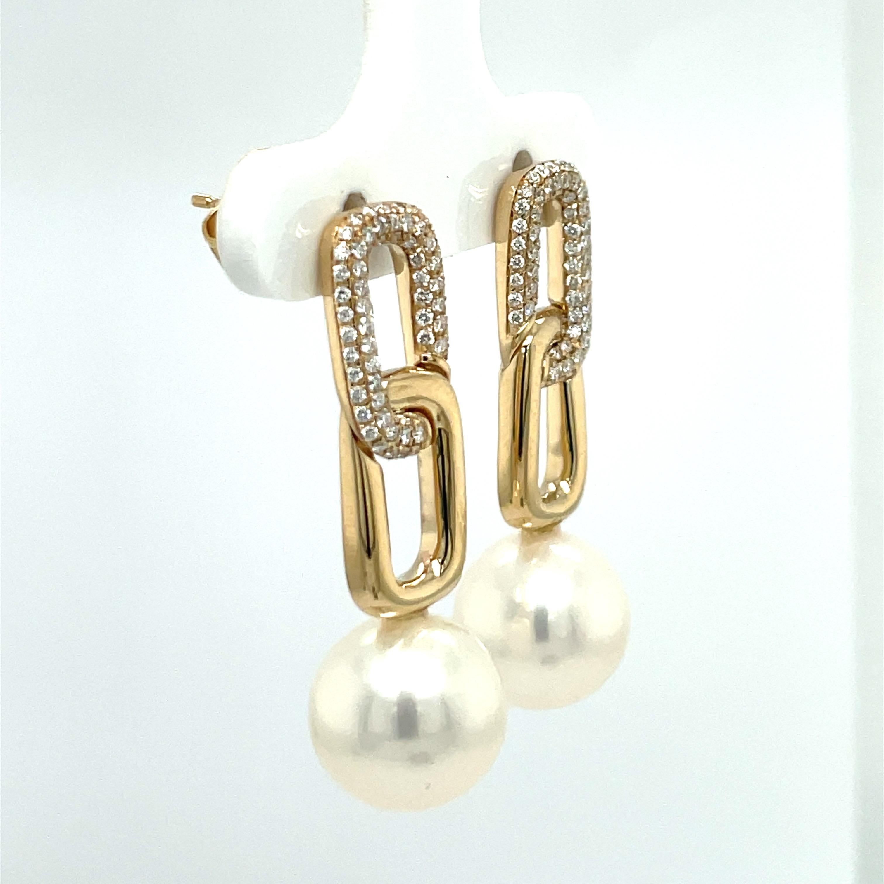 Diamond Cuban Link Drop Freshwater Pearl Earrings 0.46 Carats 14K Gold For Sale 3