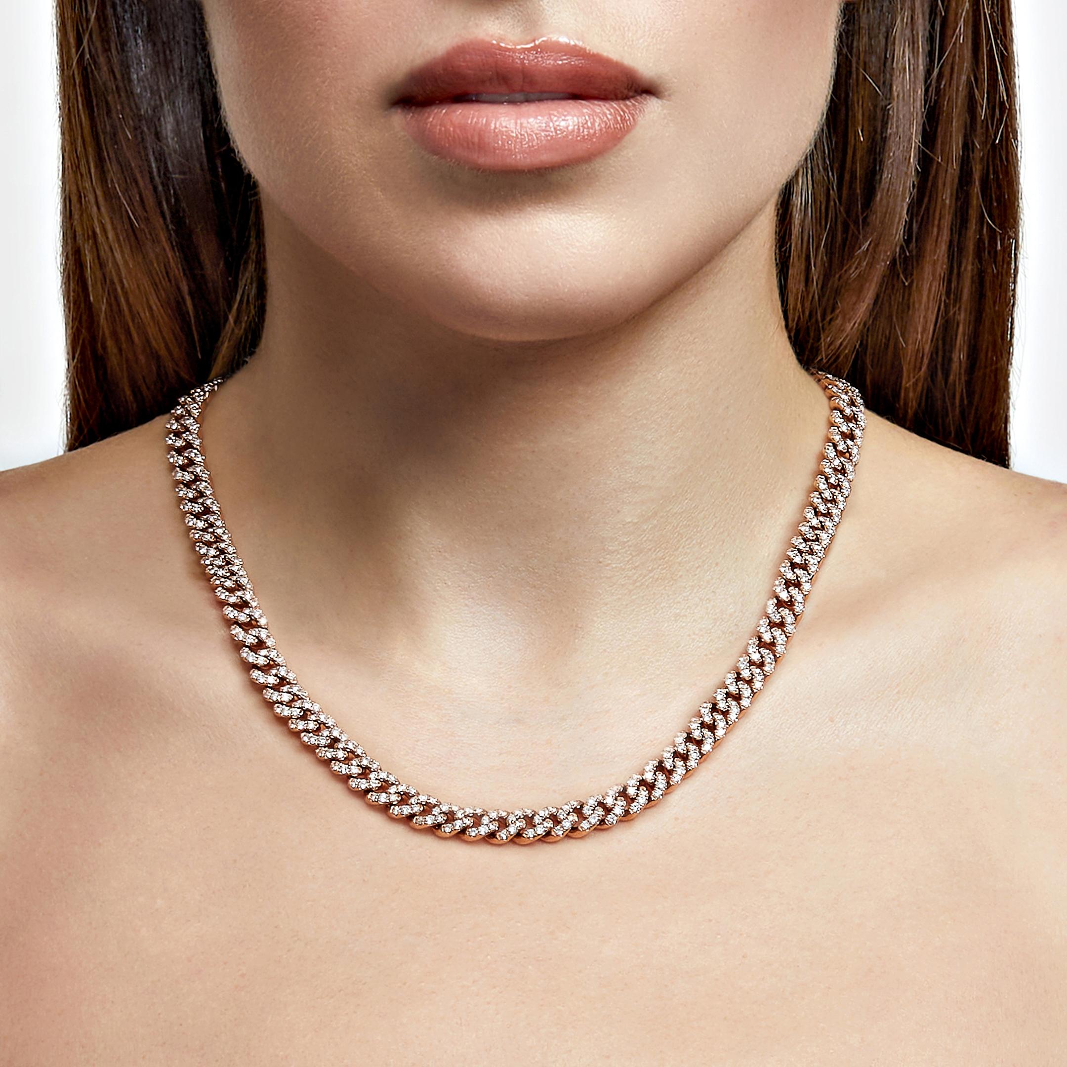 Old-school style gets a modern era update with this Diamond Cuban Link Necklace. Make a statement in bold 14-karat rose gold links adorned with nearly 17 carats of white diamonds. You will love the heft of each articulated necklace link in this new