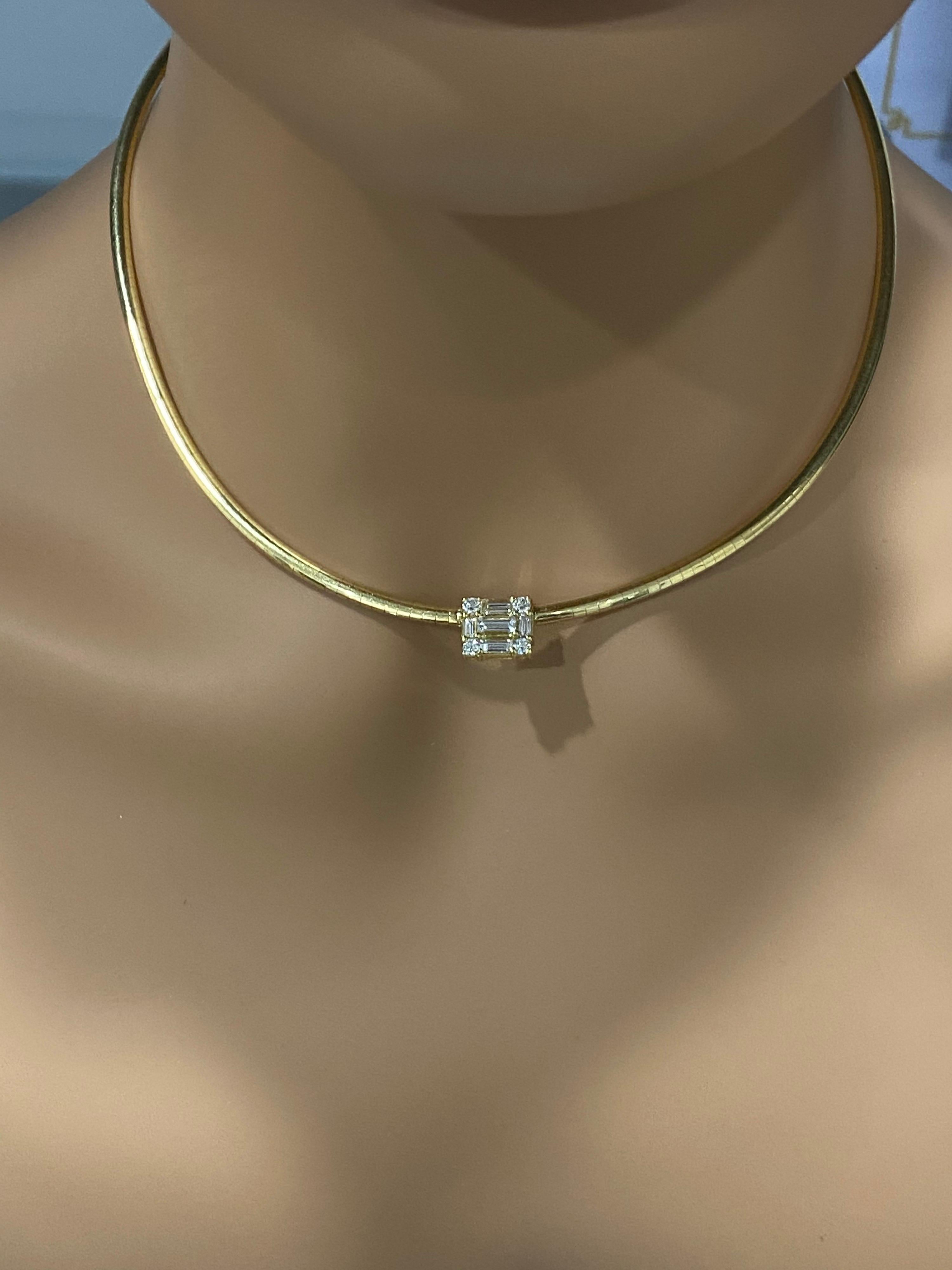 From The MMNY Clarity Collection! One of our best selling necklaces now available on 1st Dibs. 
Sleek, chic and perfect for everyday wear. 
Approx 1.05 CTW. G-H , all VS Range Diamonds. Set in our 18k yellow gold custom omega style necklace. 
This