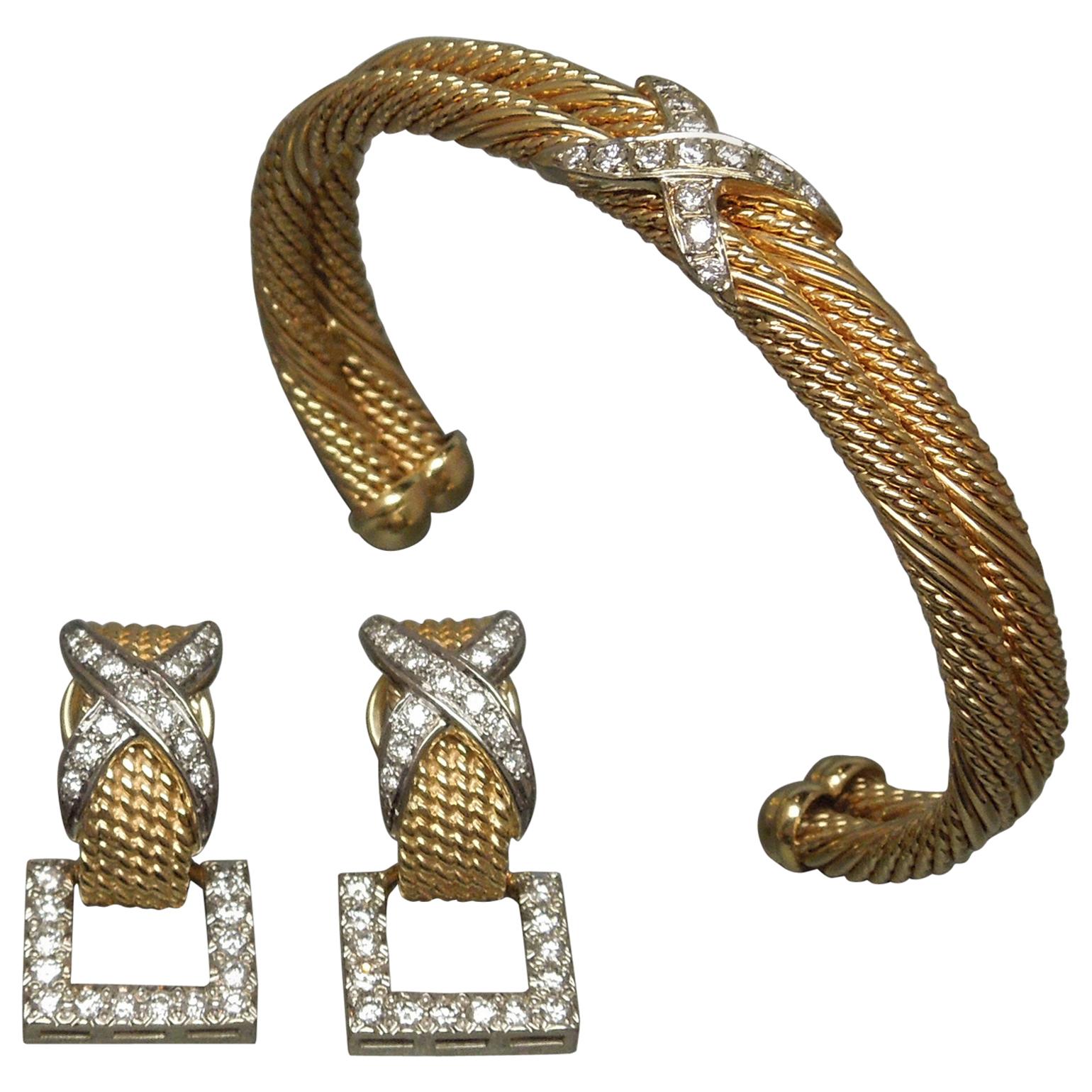 Diamond Cuff and Earrings with Jackets Set For Sale
