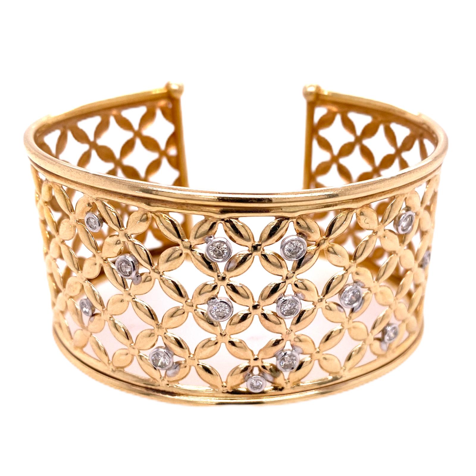Modern Diamond Cuff Bracelet 14 Karat Yellow Gold Lattice Open Design Bezel Set