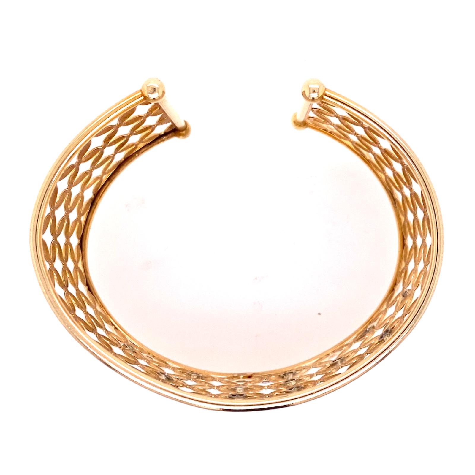 Round Cut Diamond Cuff Bracelet 14 Karat Yellow Gold Lattice Open Design Bezel Set