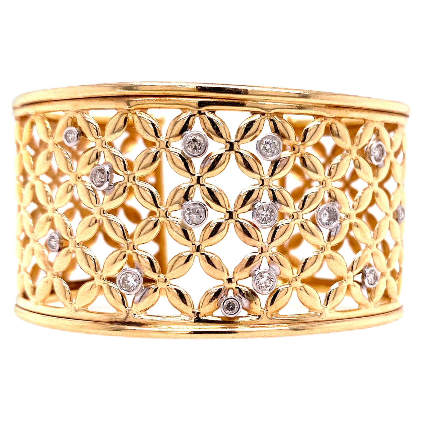 Diamond Cuff Bracelet 14 Karat Yellow Gold Lattice Open Design Bezel Set