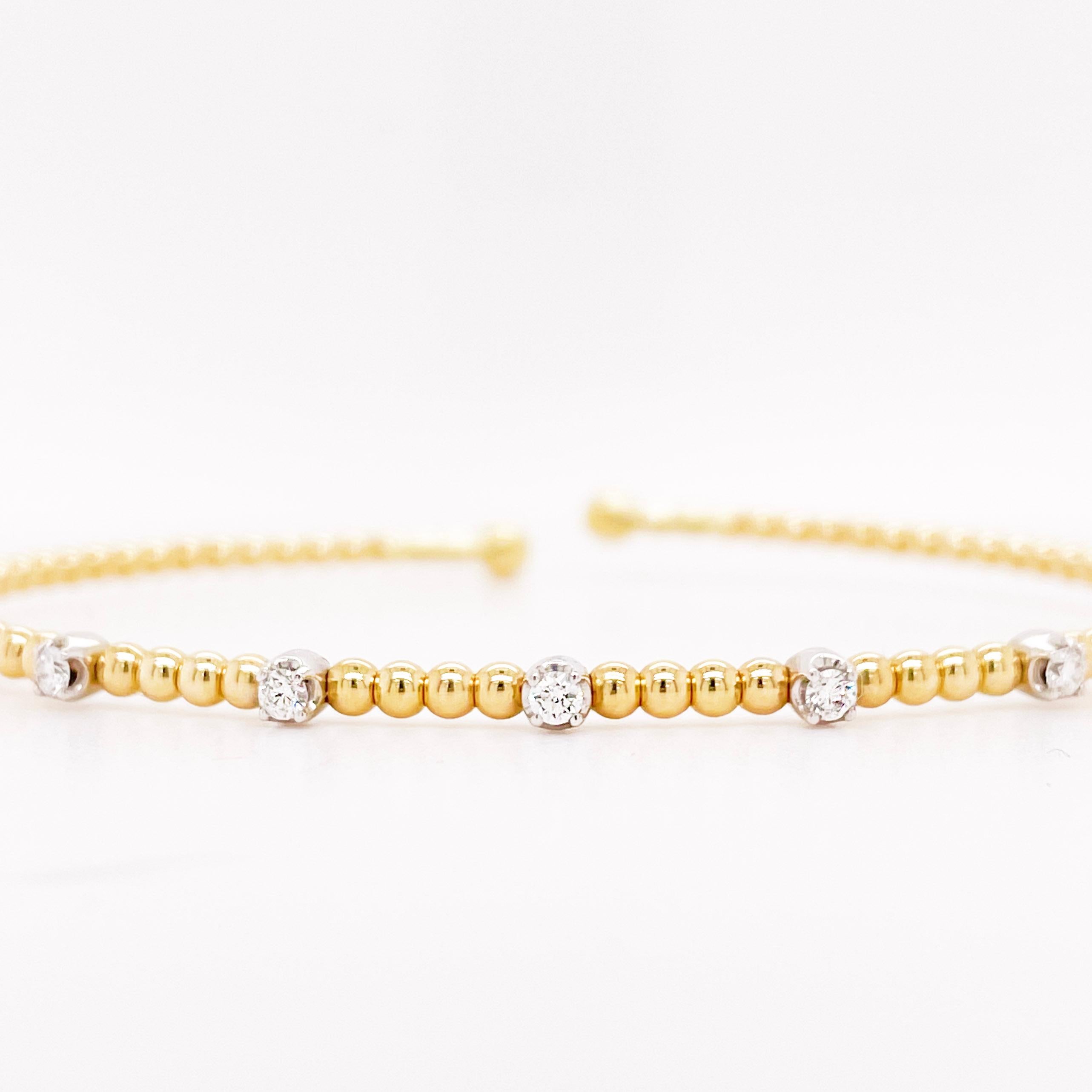 Contemporary Diamond Cuff Bracelet, Flex in 14K White-Yellow Gold Mixed Metals, Flexible Brac For Sale