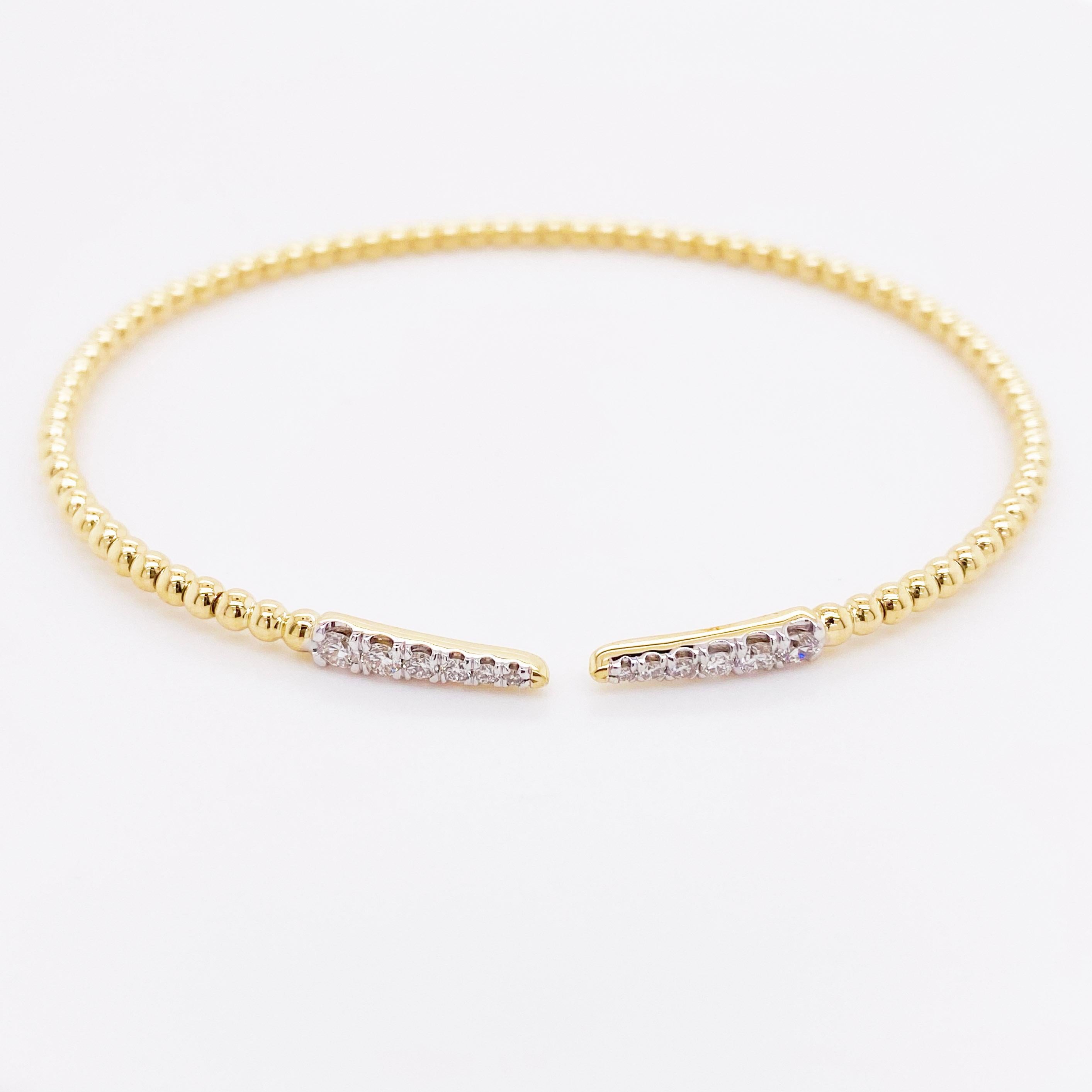 Round Cut Diamond Cuff Bracelet Split 14K Yellow Gold Bujukan Bead Bangle, Flexible Brac For Sale