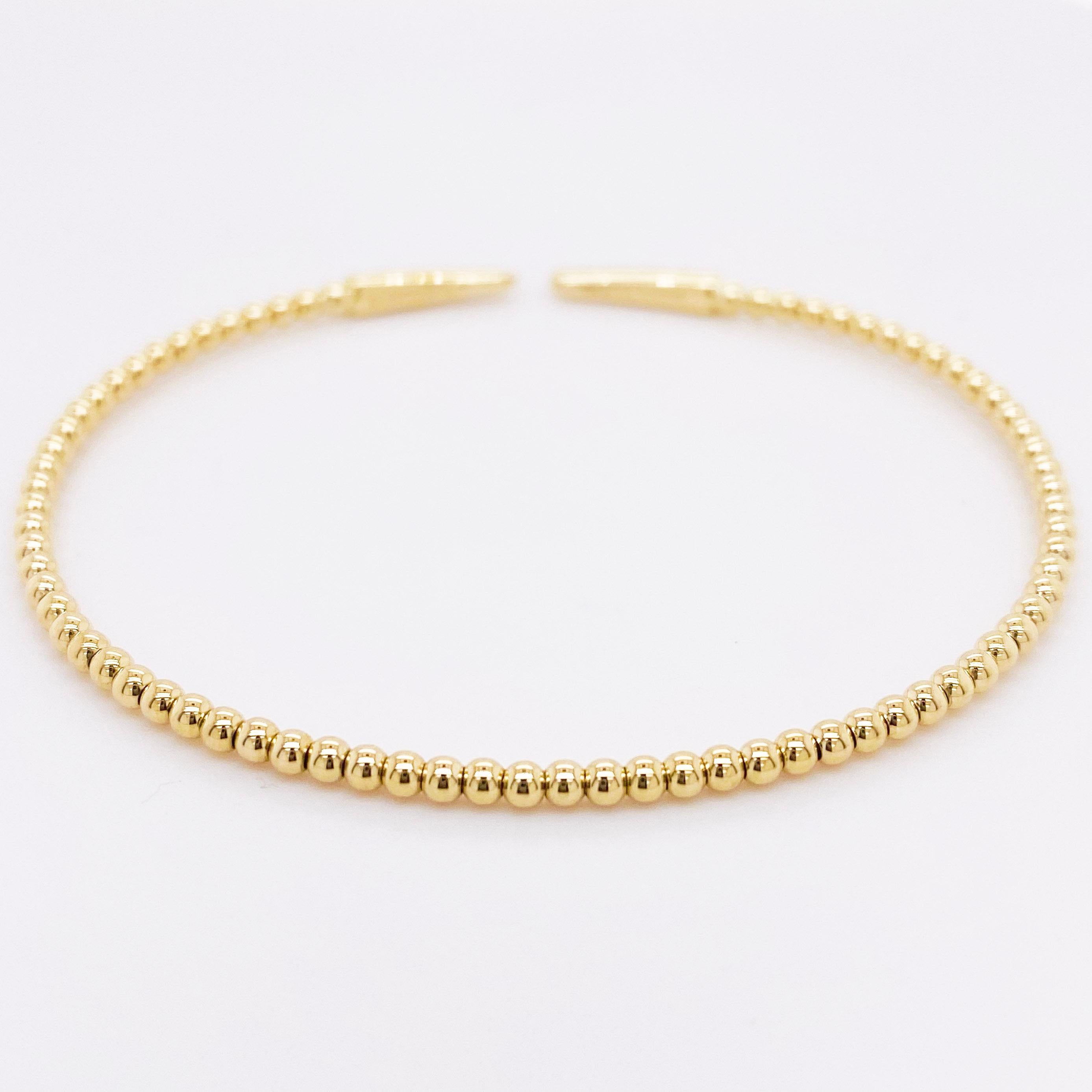 Women's Diamond Cuff Bracelet Split 14K Yellow Gold Bujukan Bead Bangle, Flexible Brac For Sale