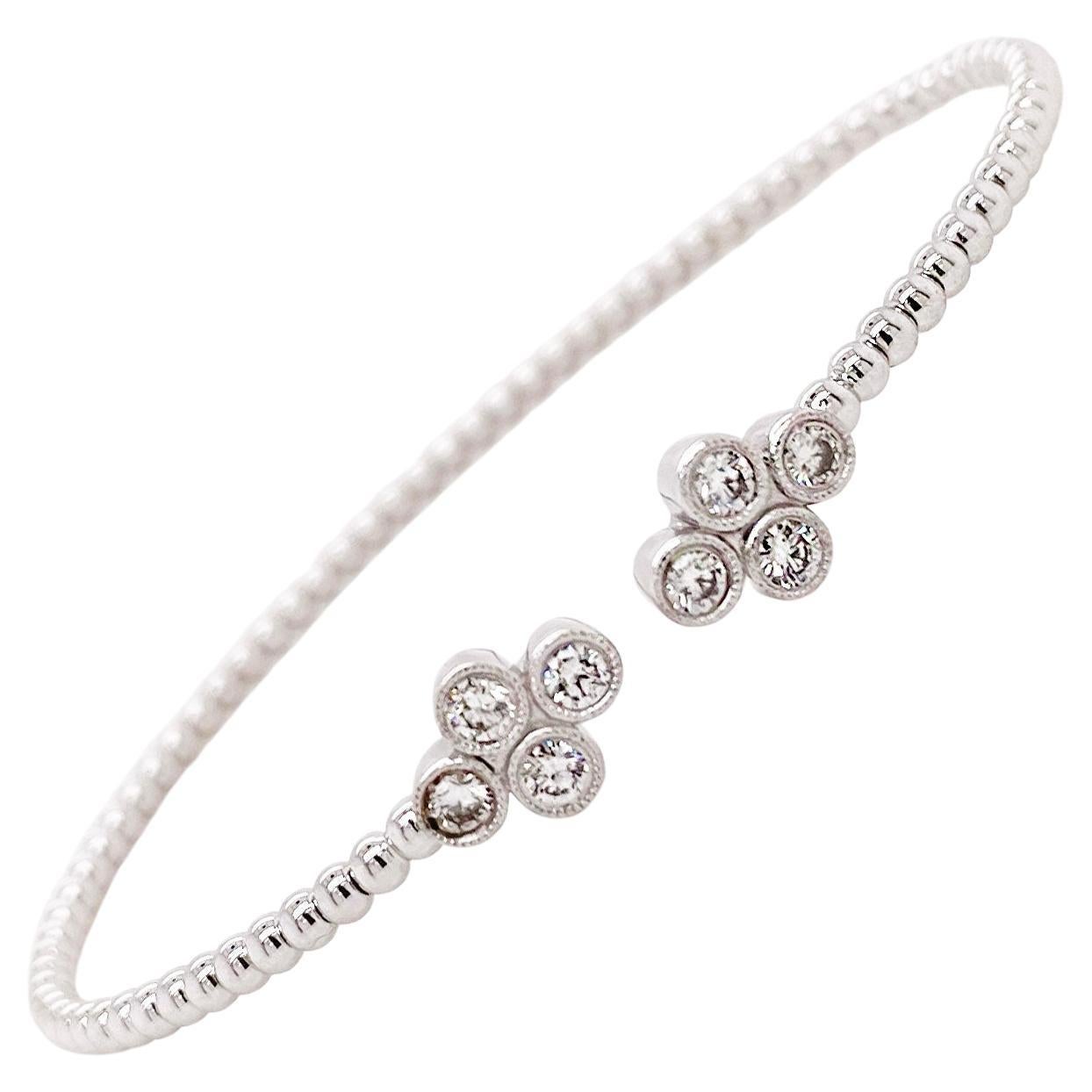 Diamond Cuff Bracelet w Quatrefoil Diamond Endcaps, White Gold, Flexible Bangle