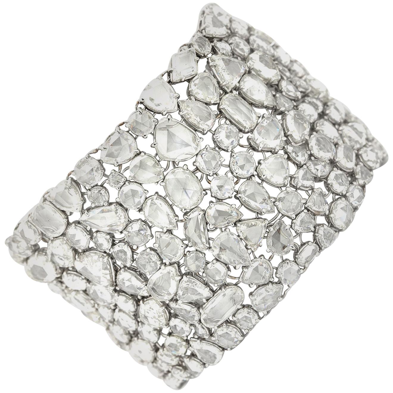 Diamond Cuff Platinum Bracelet with Over 100 Carat of Rose Cut Diamonds