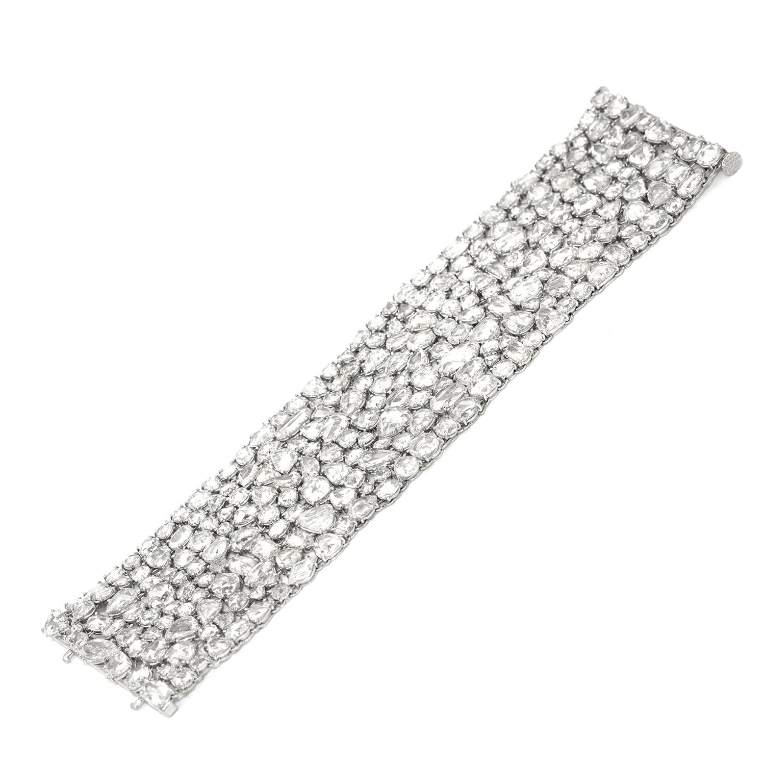 Women's Diamond Cuff Platinum Bracelet with Over 100 Carat of Rose Cut Diamonds For Sale