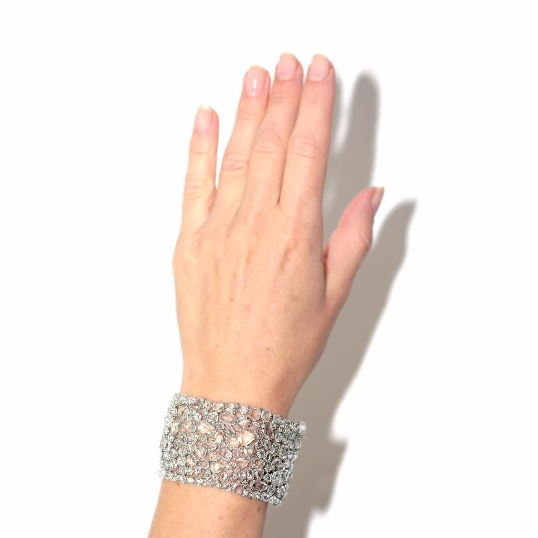 Diamond Cuff Platinum Bracelet with Over 100 Carat of Rose Cut Diamonds For Sale 1