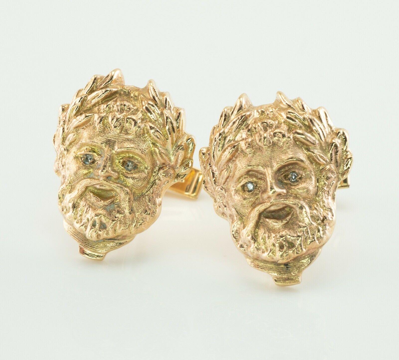 Diamond Cufflinks 14K Gold Face Vintage Greek Mythology In Good Condition For Sale In East Brunswick, NJ