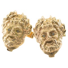 Boutons de manchette en or 14 carats avec visage en diamants, mythologie grecque vintage