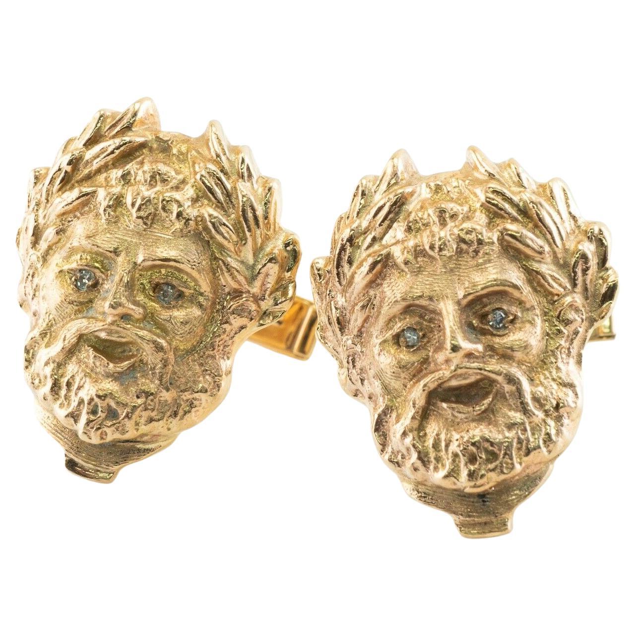 Gemelli con diamante in oro 14 carati con volto vintage della mitologia greca in vendita