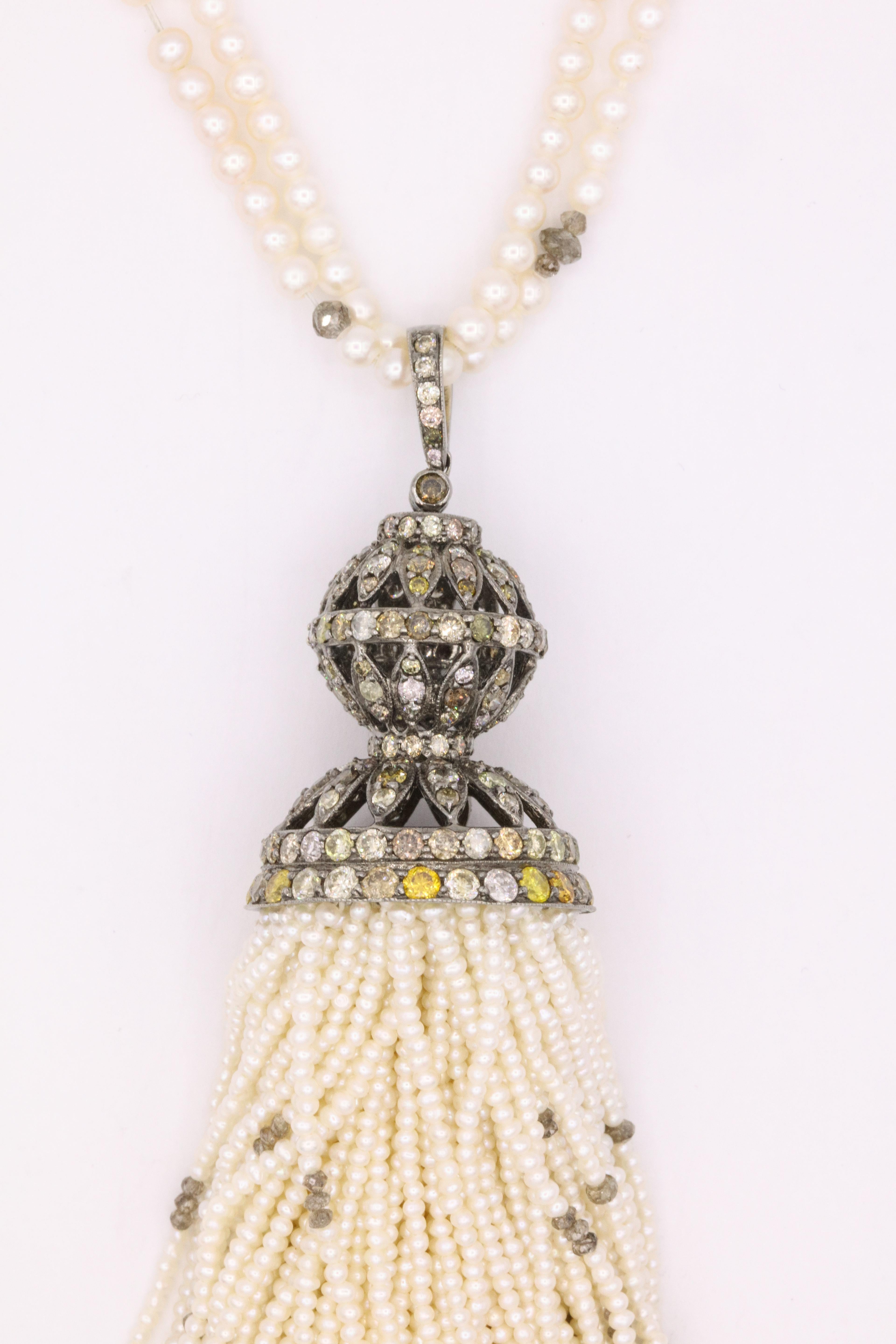 Contemporary Diamond Cultural Pearl Tassel Necklace 12.50 Carat