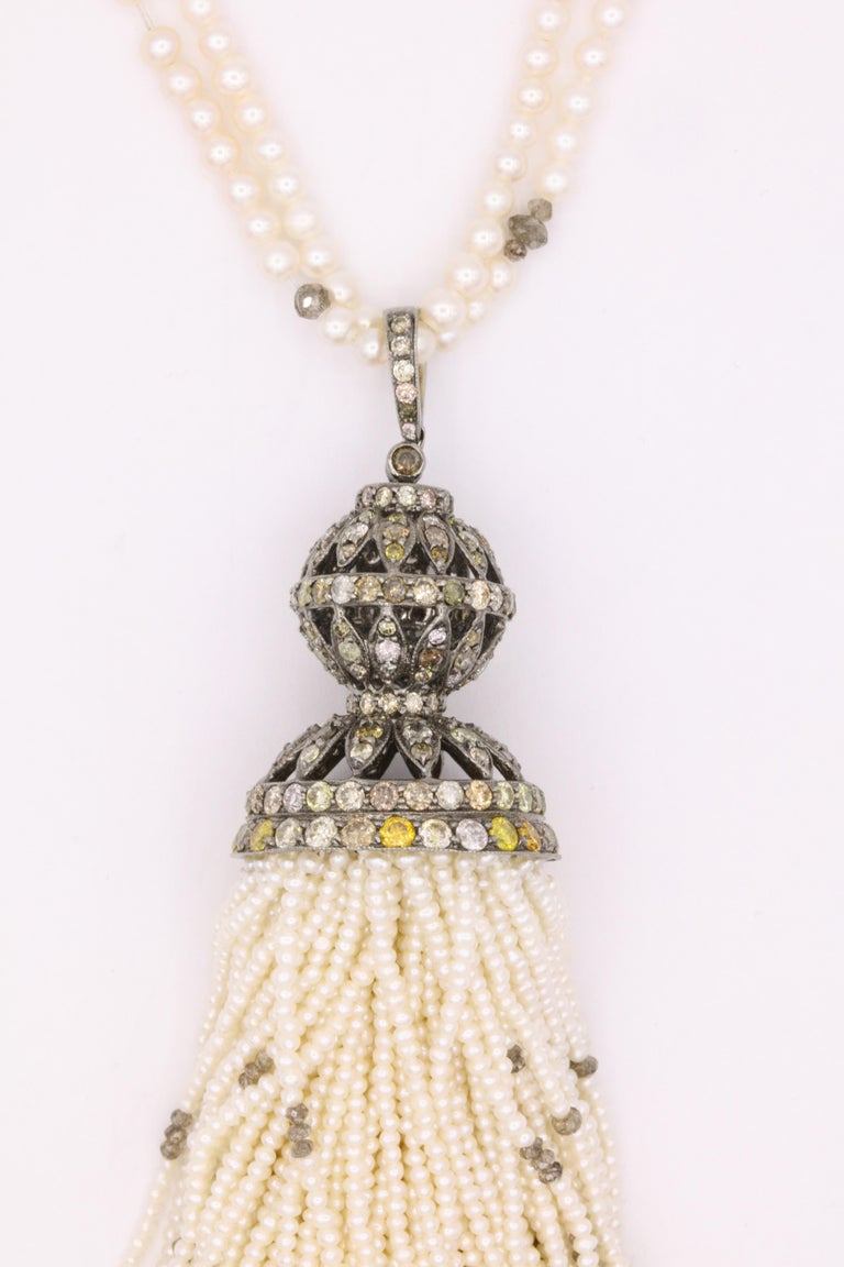 Diamond Cultural Pearl Tassel Necklace 12.50 Carat For Sale at 1stDibs