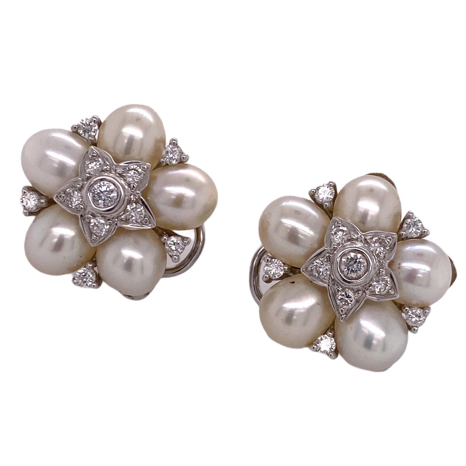 Round Cut Diamond Cultured Pearl 18 Karat White Gold Estate Earrings Lever Backs For Sale