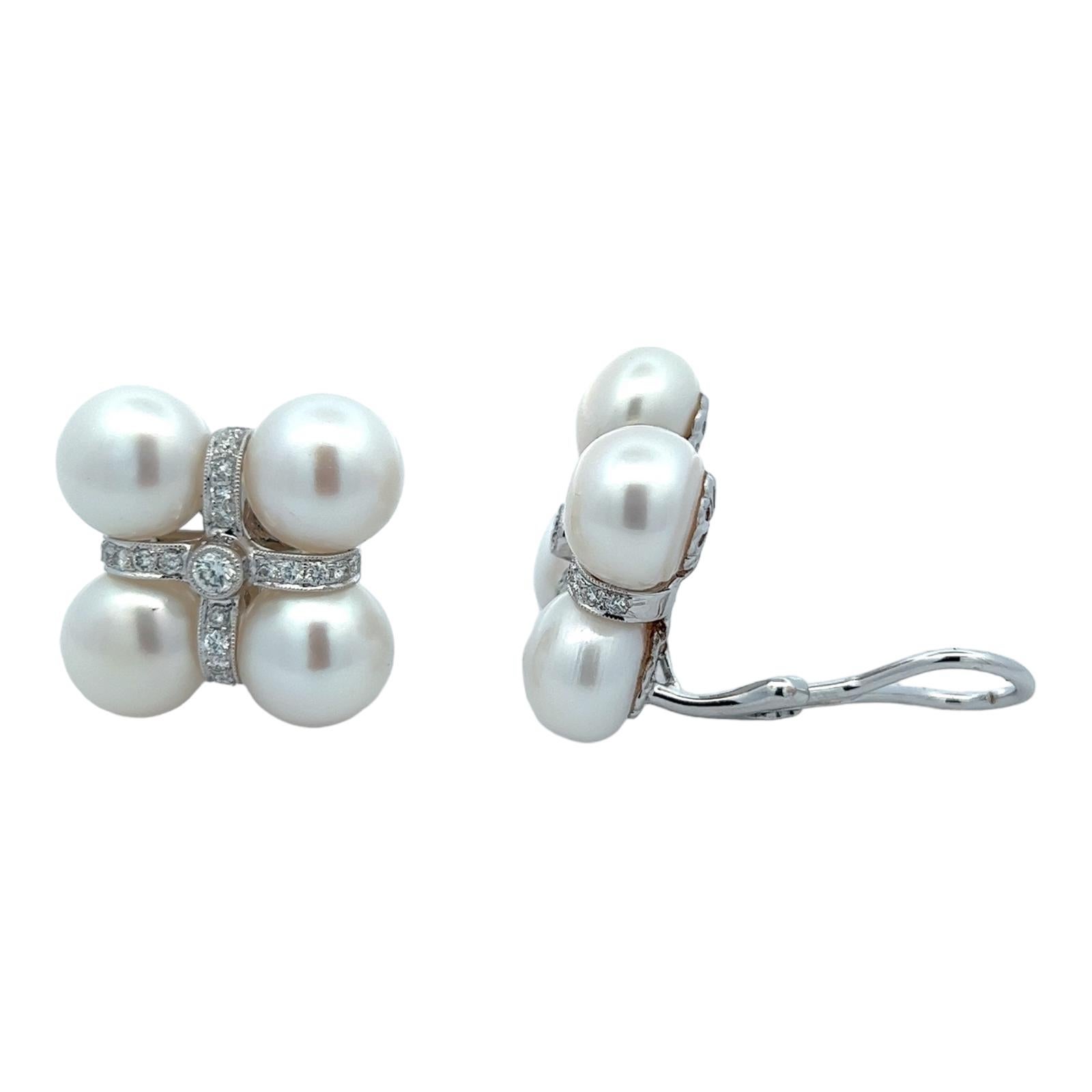 Modern Diamond Cultured Pearl 18 Karat White Gold Square Earclip Lever-Back Earrings For Sale