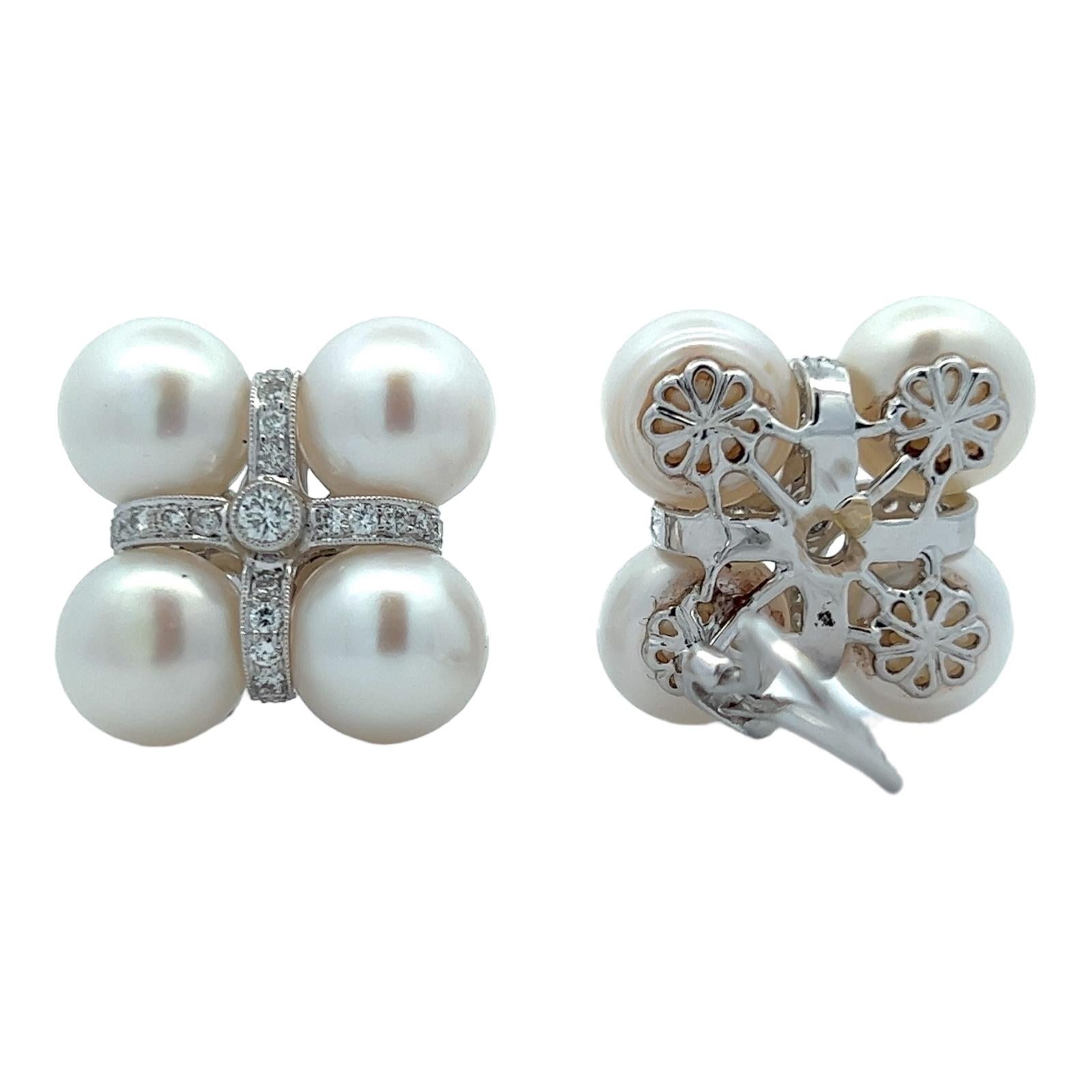 Round Cut Diamond Cultured Pearl 18 Karat White Gold Square Earclip Lever-Back Earrings For Sale