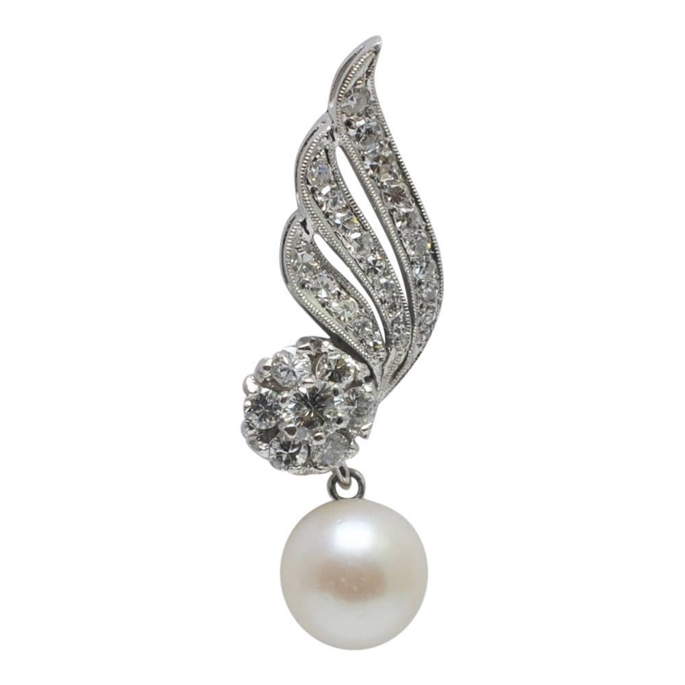 Round Cut Diamond Cultured Pearl 18 Carat Gold Earrings