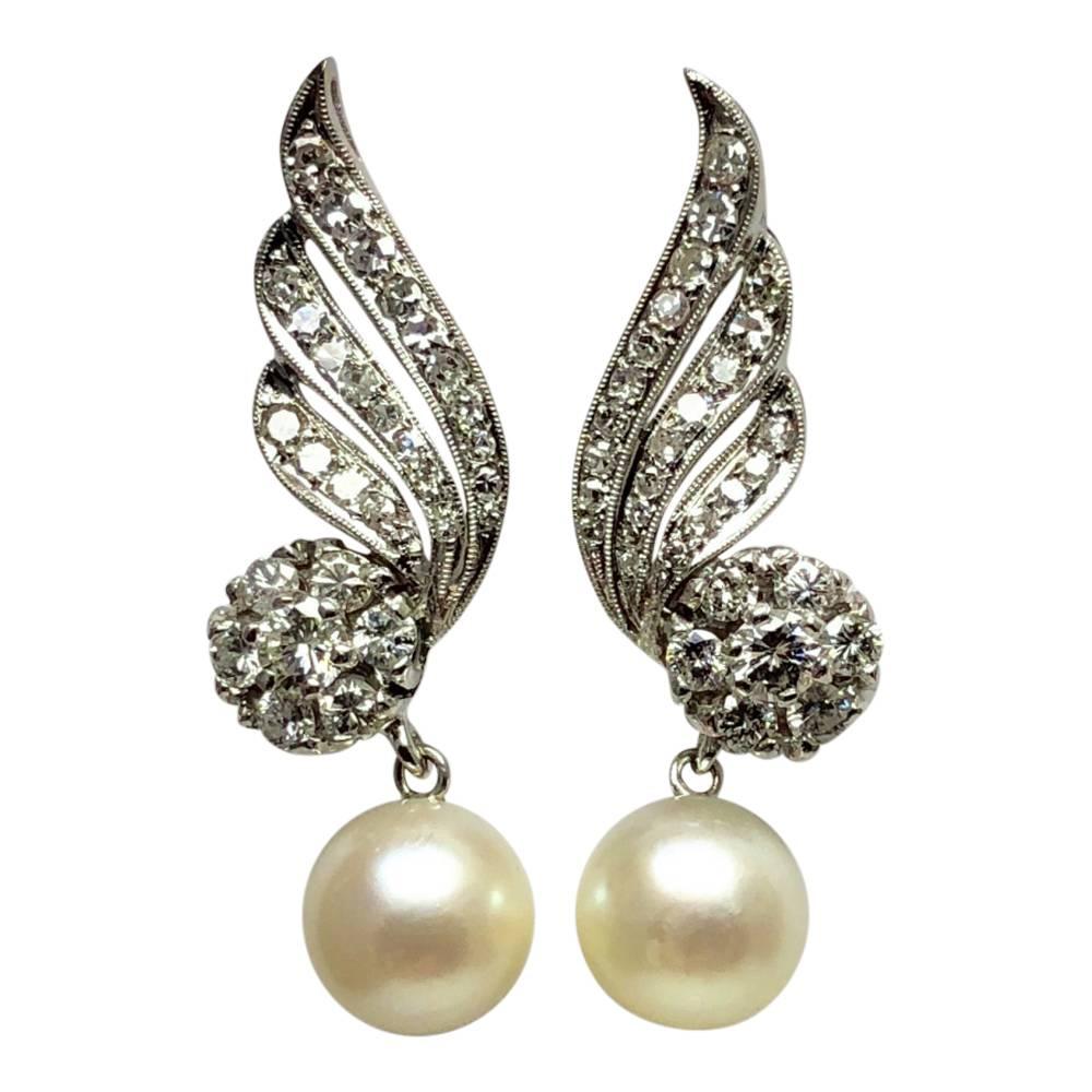 Diamond Cultured Pearl 18 Carat Gold Earrings