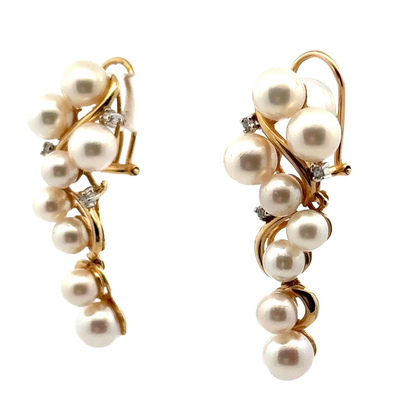 Modern Diamond & Cultured Pearl Vintage Drop Lever-Back Earrings For Sale