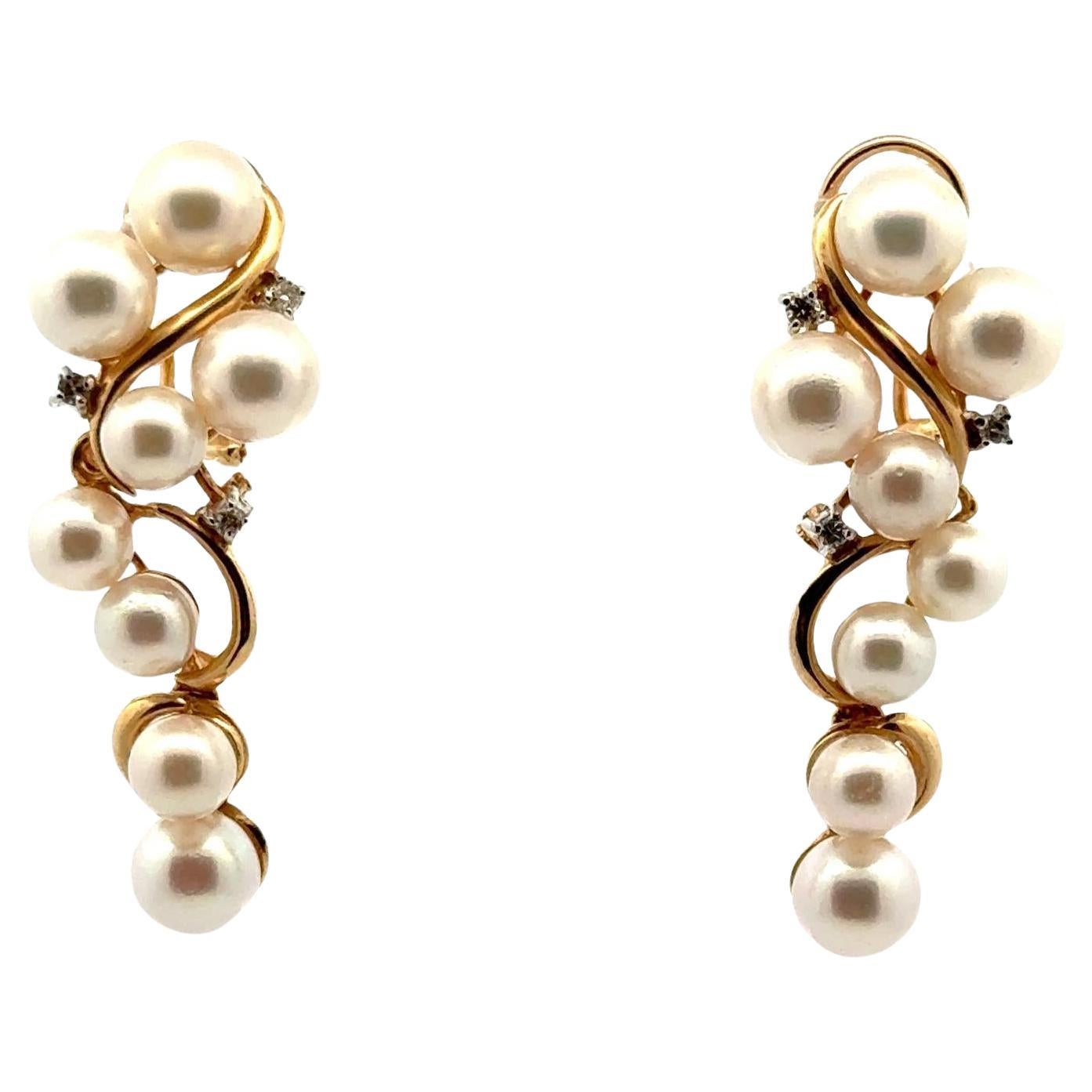 Diamond & Cultured Pearl Vintage Drop Lever-Back Earrings