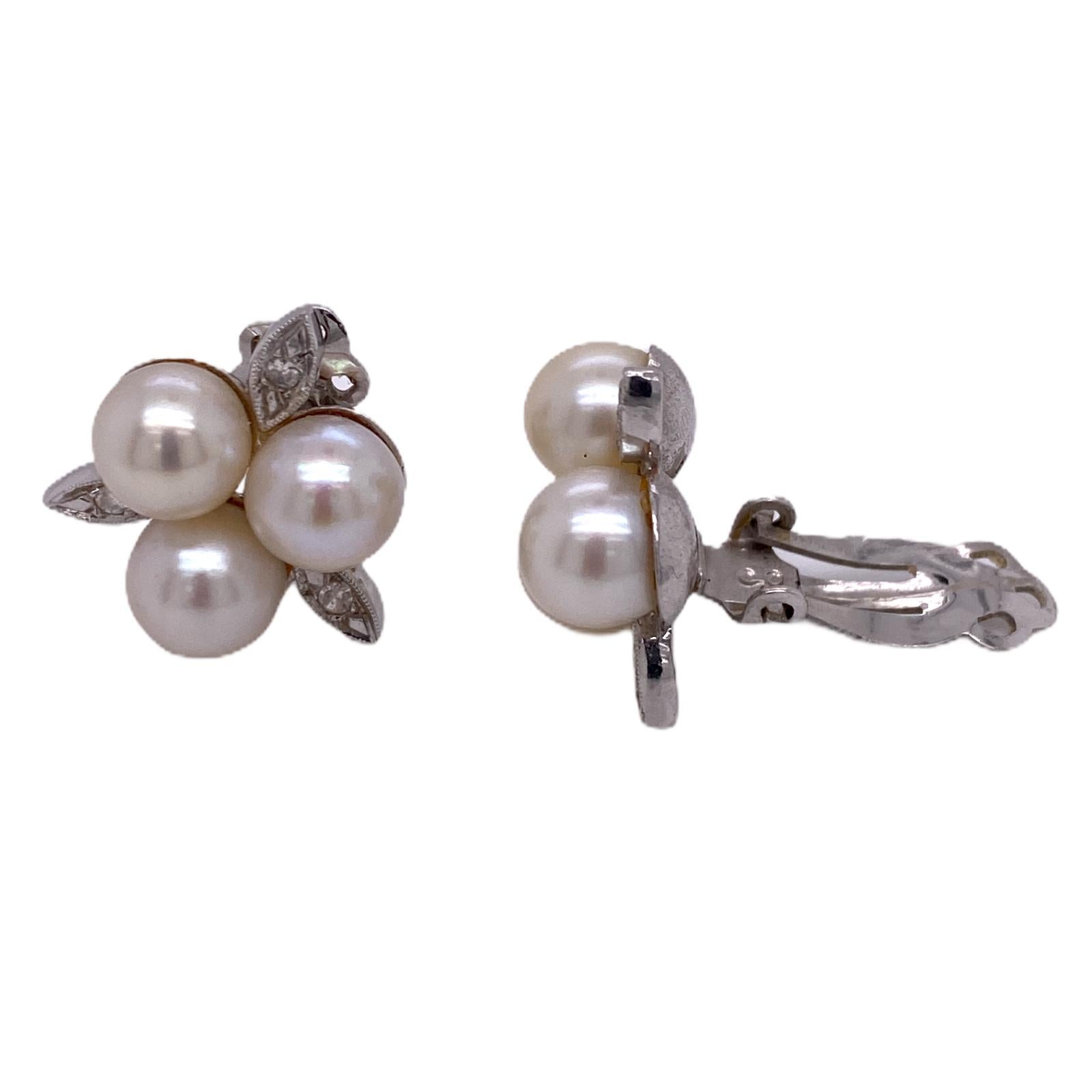 Contemporary Diamond Cultured Pearl White Gold Floral Motif Vintage Estate Ear Clips Earrings