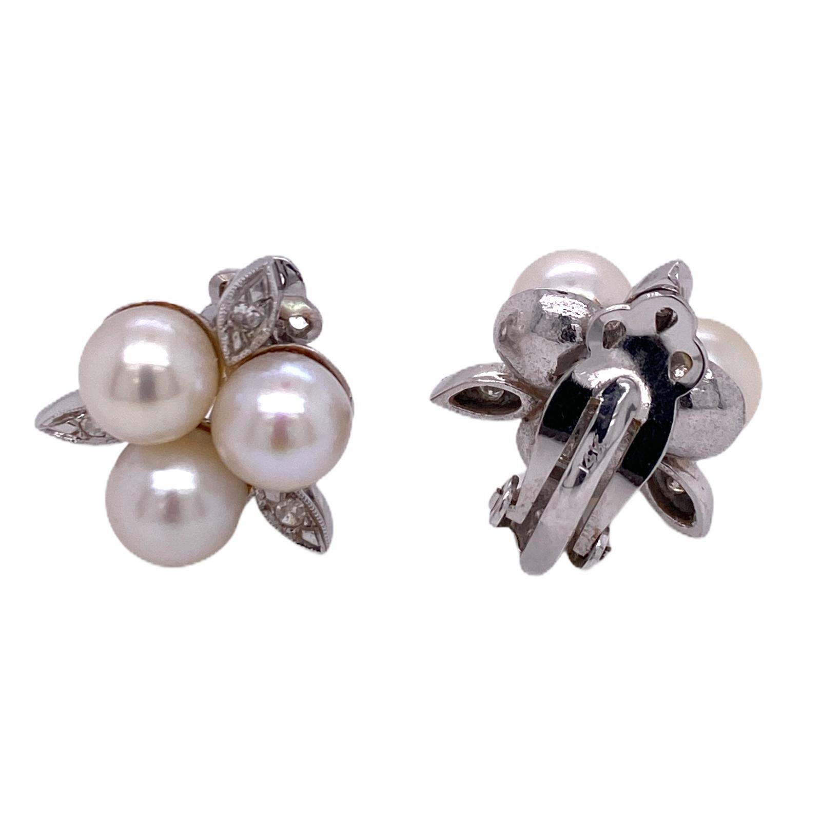 Single Cut Diamond Cultured Pearl White Gold Floral Motif Vintage Estate Ear Clips Earrings