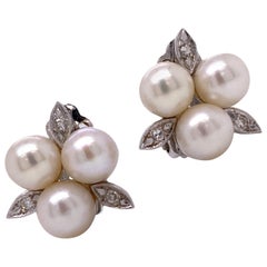 Diamond Cultured Pearl White Gold Floral Motif Vintage Estate Ear Clips Earrings