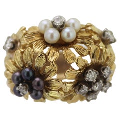 Retro Diamond, Cultured Pearl, Yellow Gold Flower Ring