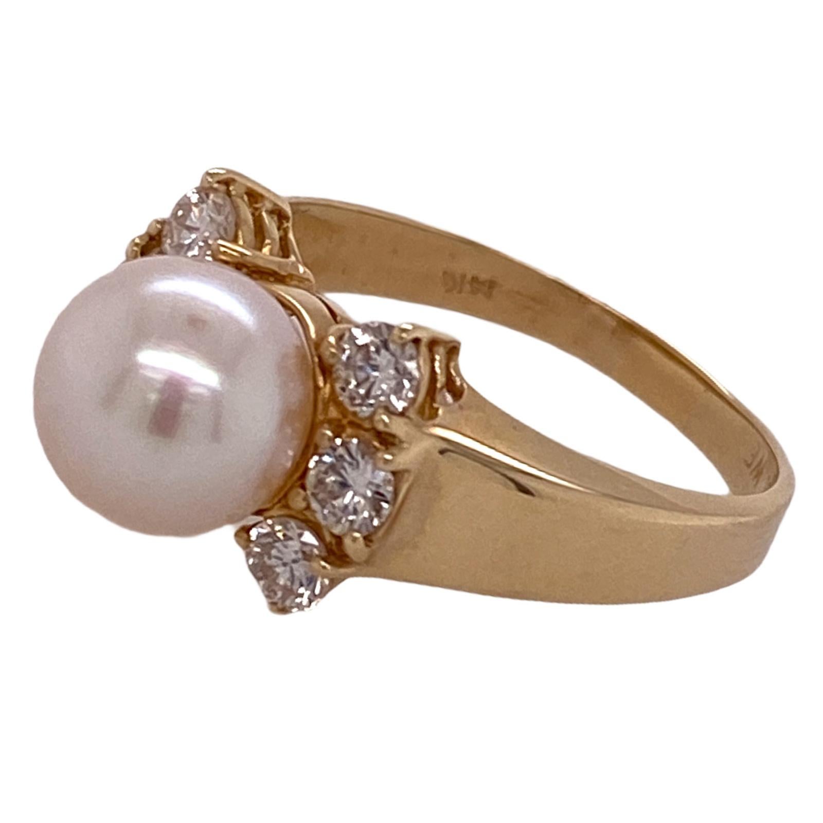 Modern Diamond Cultured White Pearl Yellow Gold Cocktail Ring For Sale