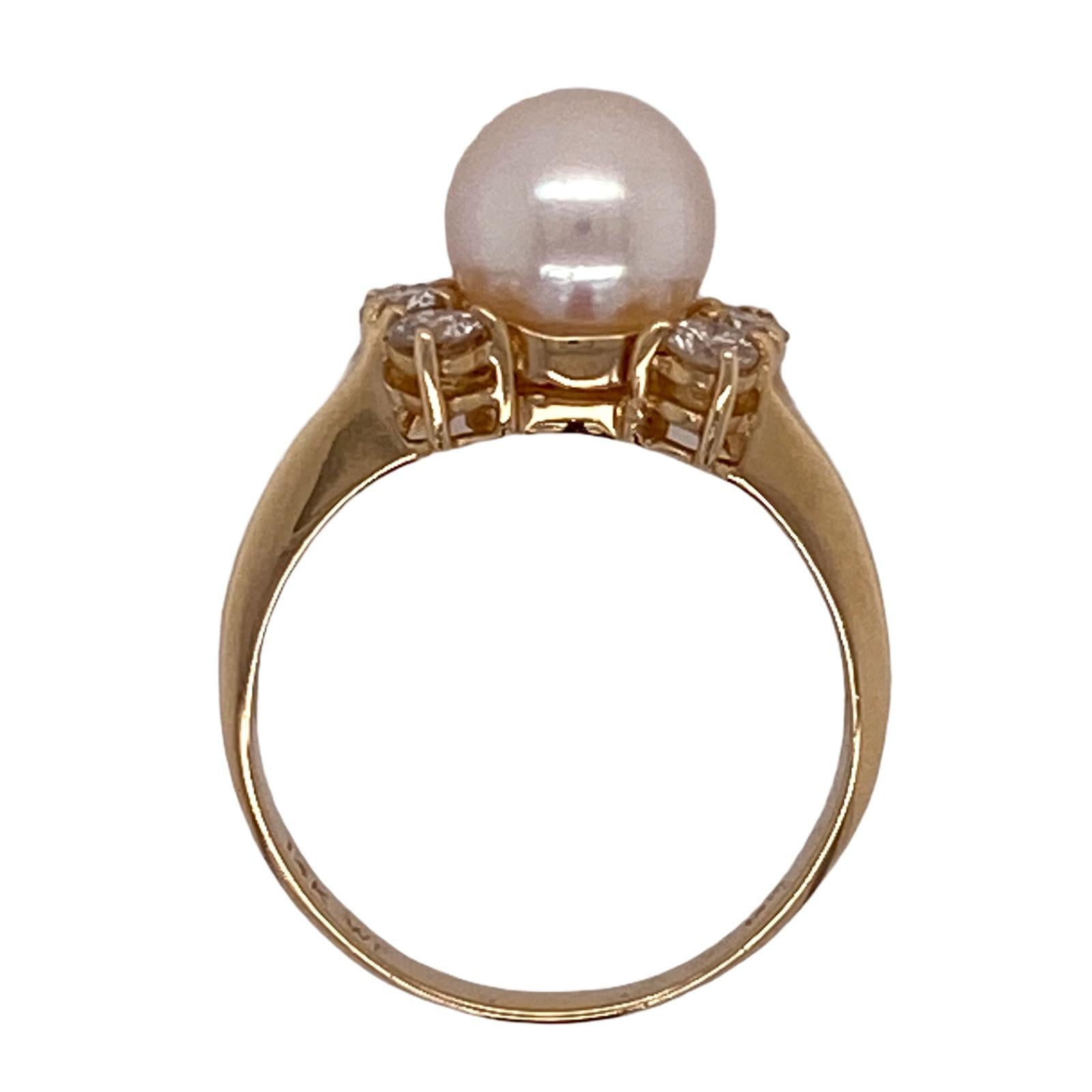 Round Cut Diamond Cultured White Pearl Yellow Gold Cocktail Ring For Sale