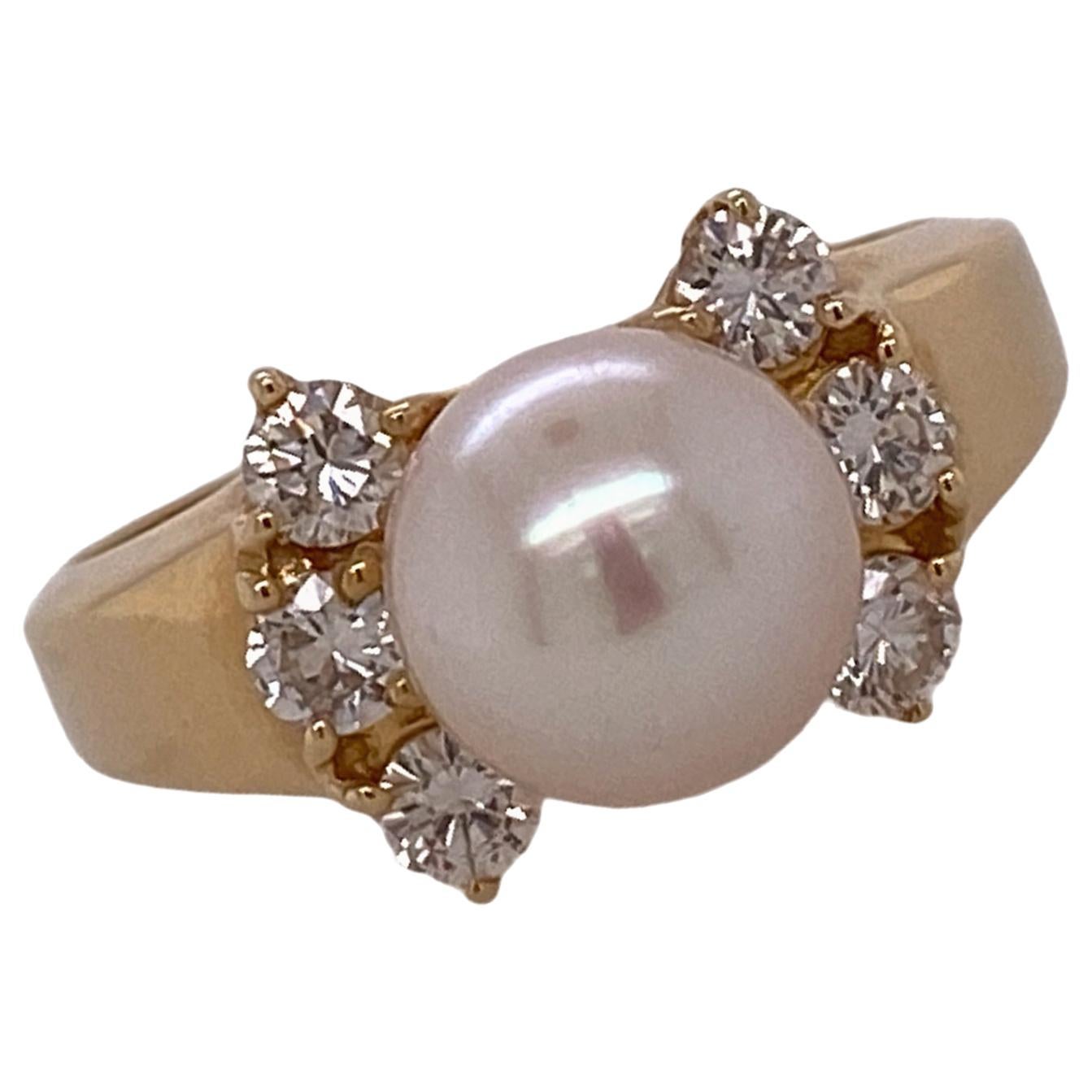 Diamond Cultured White Pearl Yellow Gold Cocktail Ring For Sale