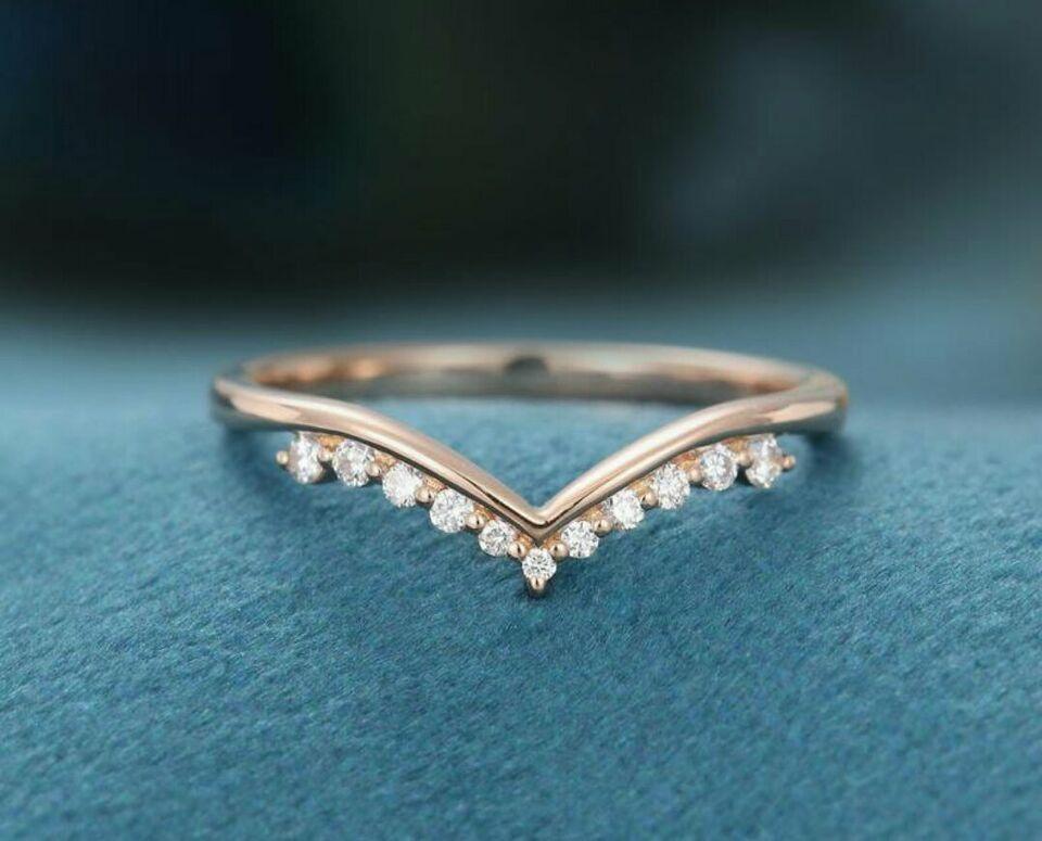 Diamond Curved Wedding Band 10k Solid Gold Women Chevron Bridal Wedding Ring For Sale 4