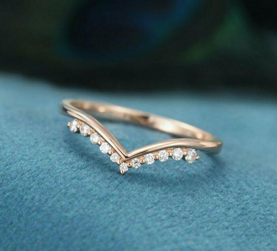 Diamond Curved Wedding Band 10k Solid Gold Women Chevron Bridal Wedding Ring For Sale 6