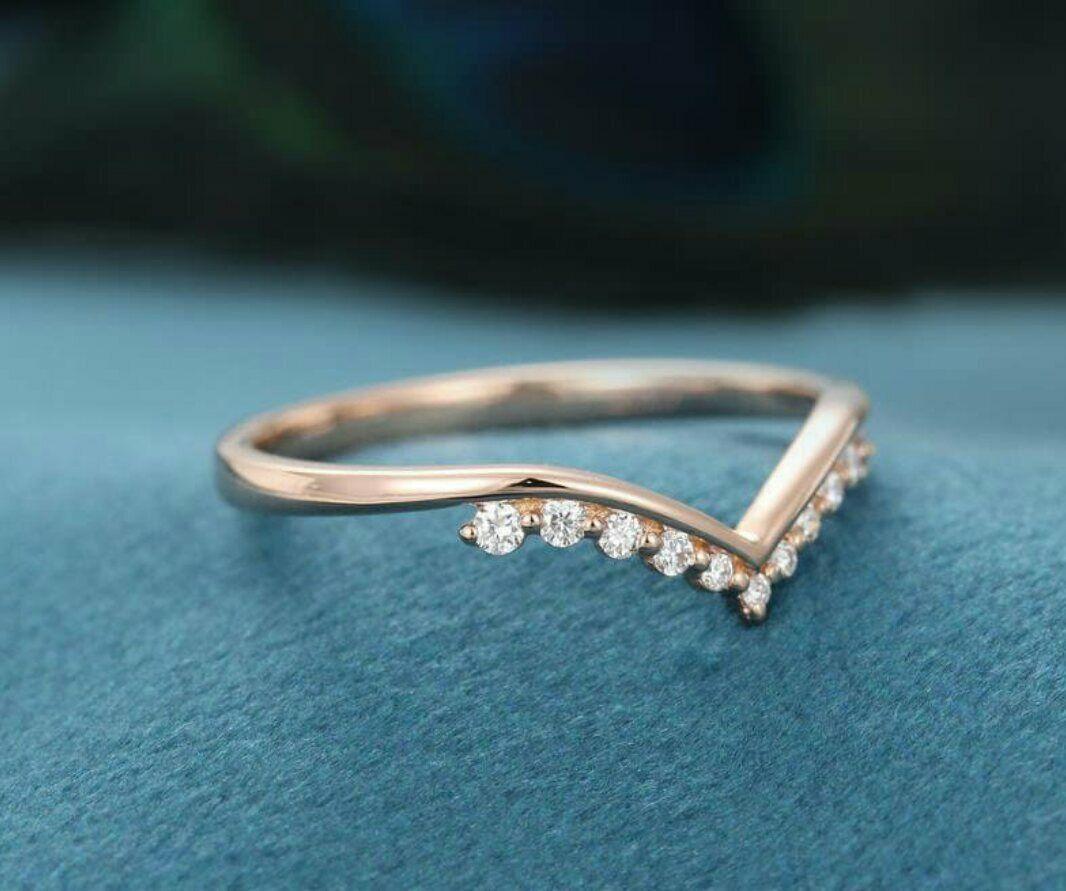 Art Deco Diamond Curved Wedding Band 10k Solid Gold Women Chevron Bridal Wedding Ring For Sale