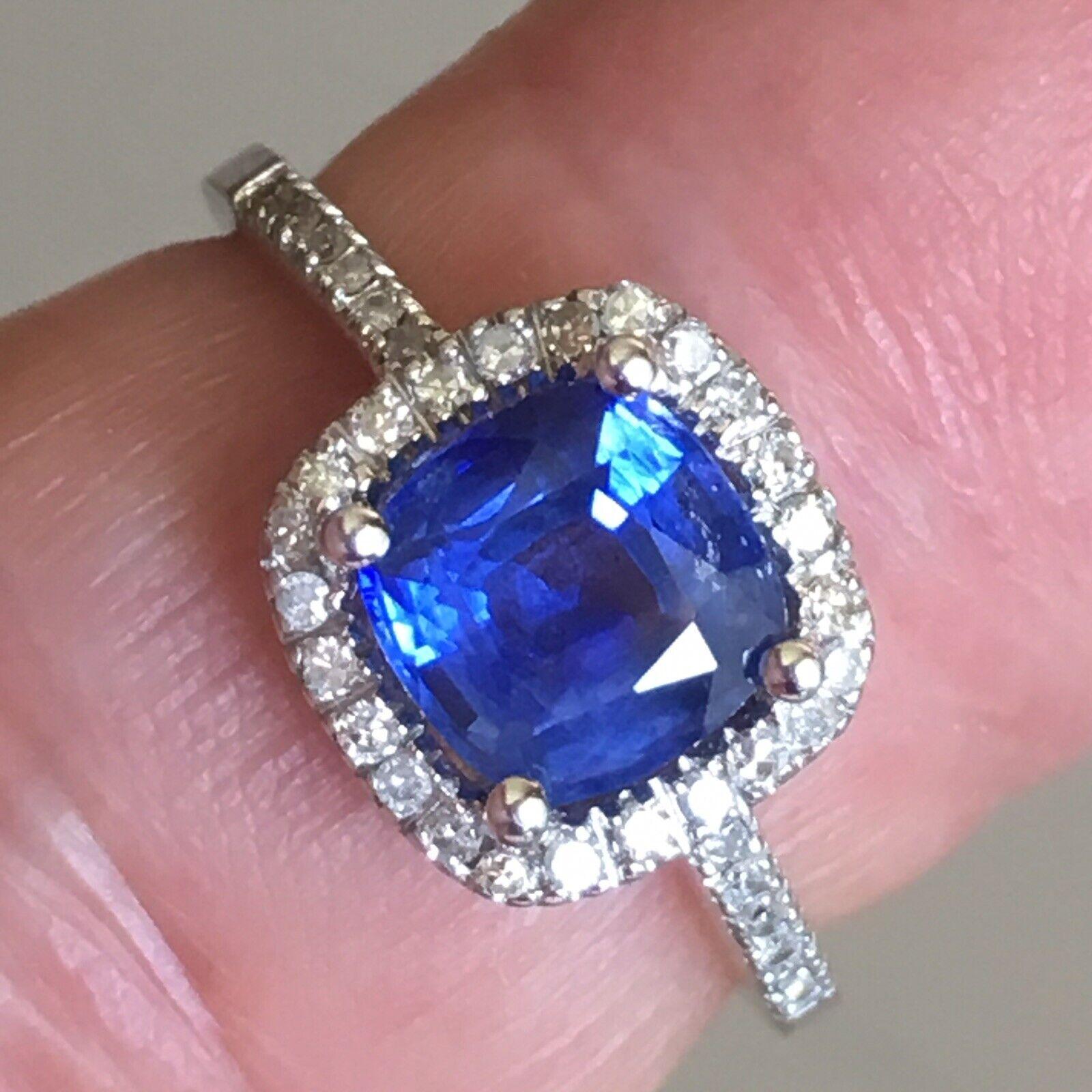 Bague de fiançailles en or 14kW diamant taille coussin saphir naturel Nouveau Pour femmes en vente