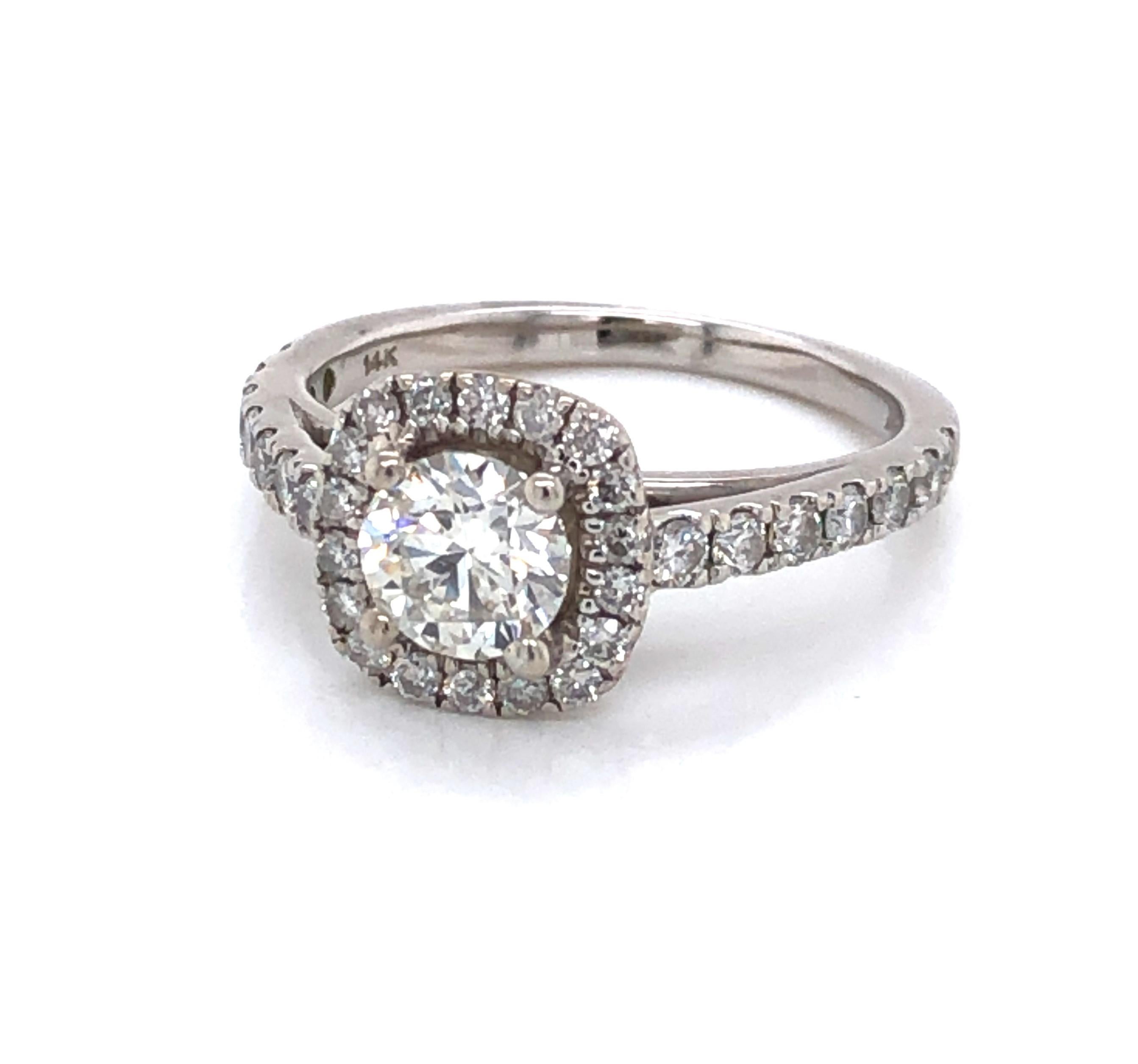 Diamond Cushion Halo Style White Gold Engagement Ring In Excellent Condition For Sale In Mount Kisco, NY